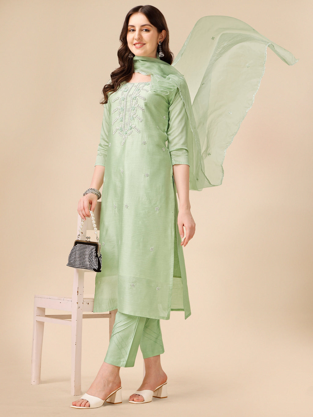 Hand Embroidered Kurta With Pant And Dupatta Set, Multicolor - Hiral Fashion - Distacart