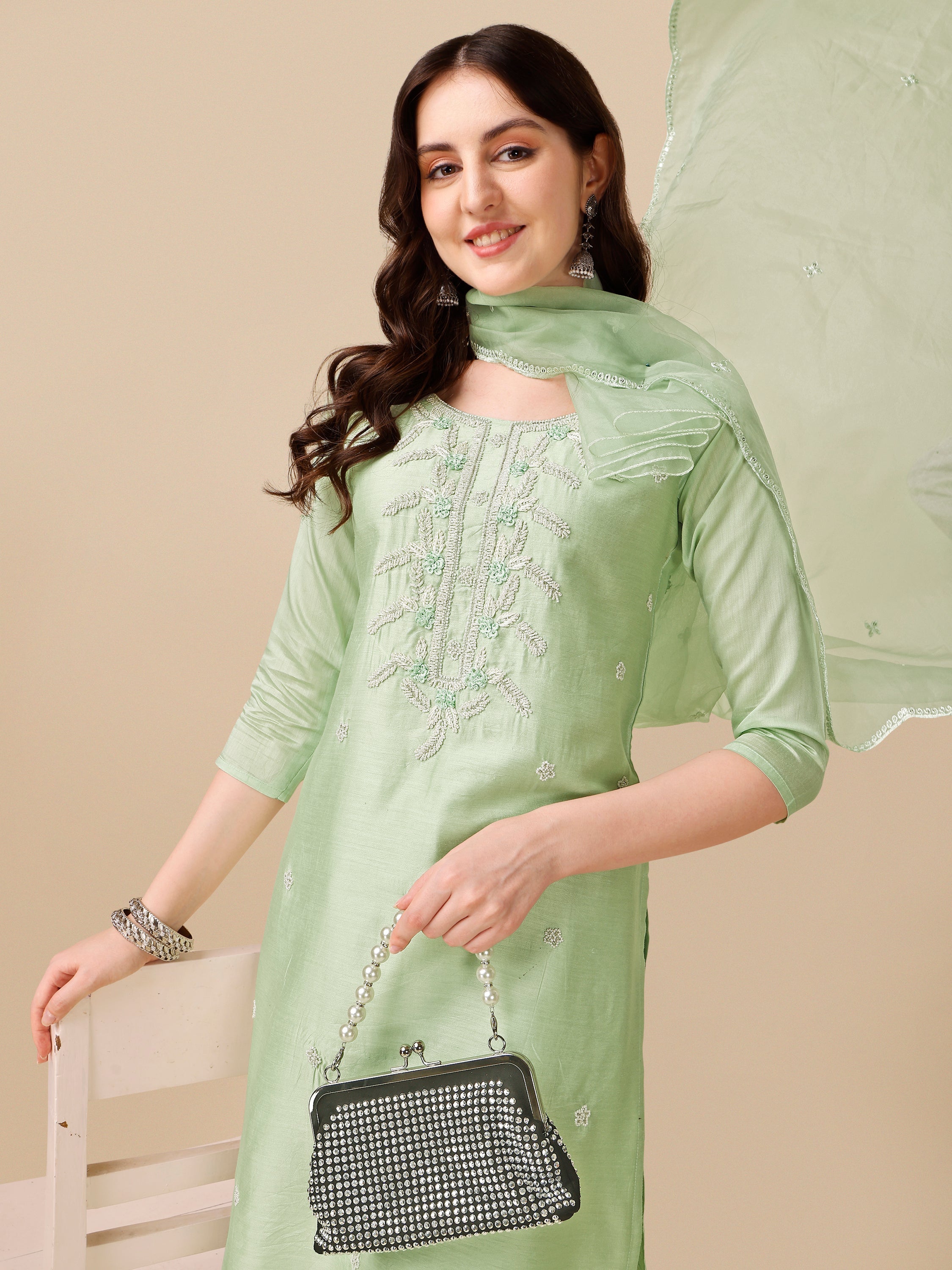 Hand Embroidered Kurta With Pant And Dupatta Set, Multicolor - Hiral Fashion - Distacart