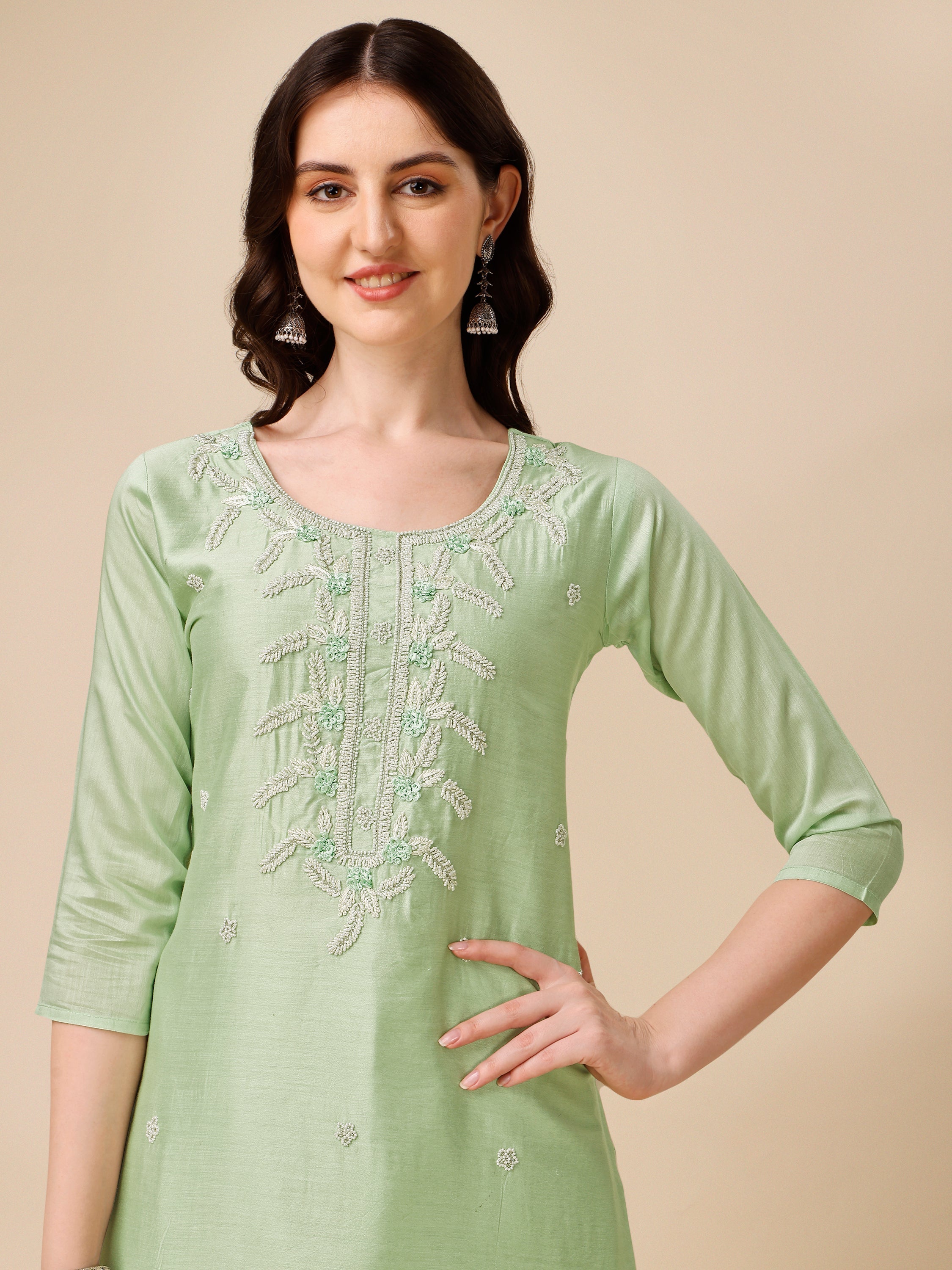 Hand Embroidered Kurta With Pant And Dupatta Set, Multicolor - Hiral Fashion - Distacart