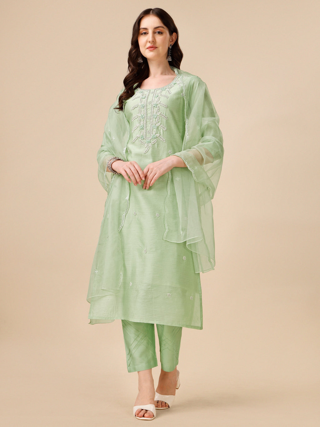 Hand Embroidered Kurta With Pant And Dupatta Set, Multicolor - Hiral Fashion - Distacart