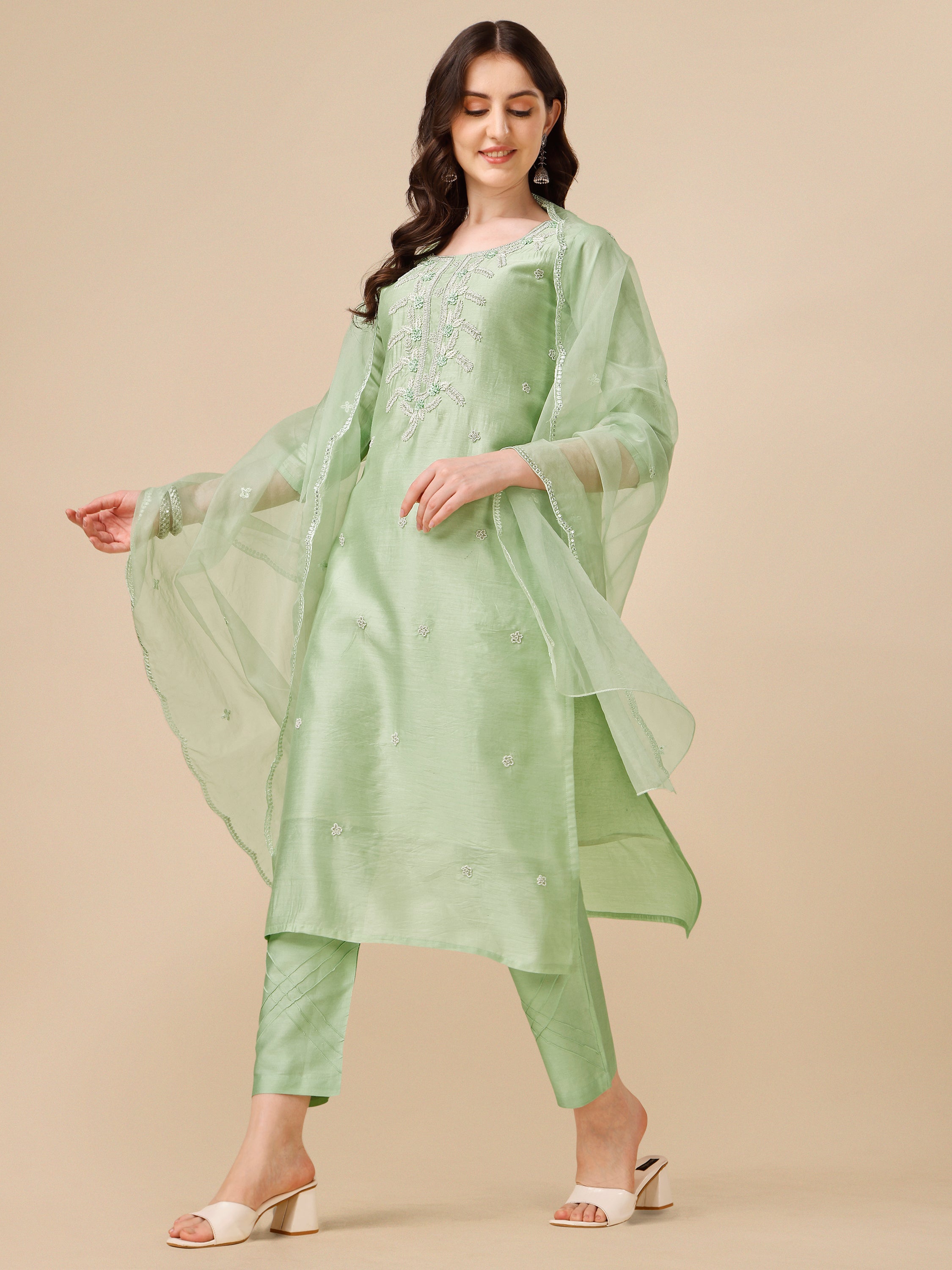 Hand Embroidered Kurta With Pant And Dupatta Set, Multicolor - Hiral Fashion - Distacart