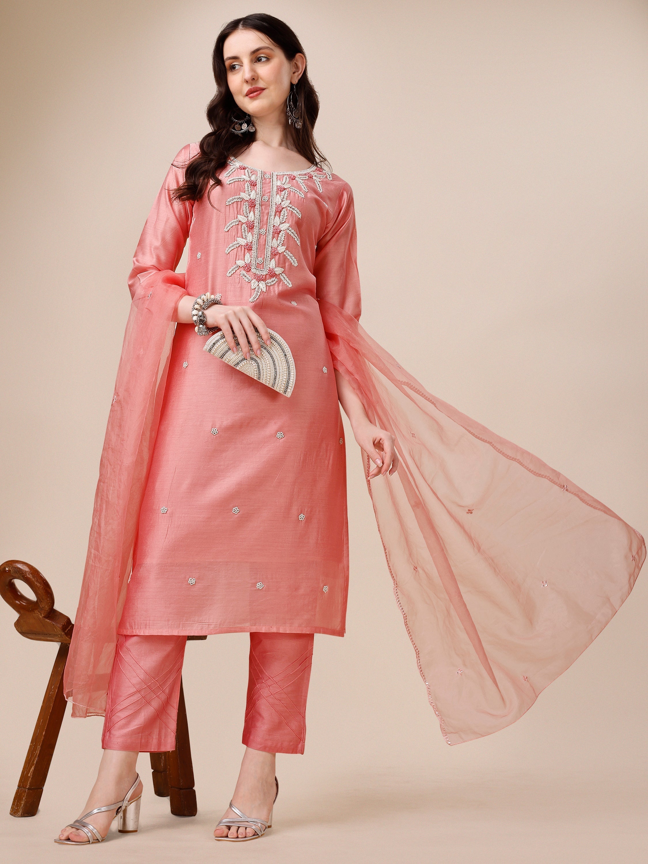 Hand Embroidered Kurta With Pant & Organza Dupatta, Multicolor - Hiral Fashion - Distacart