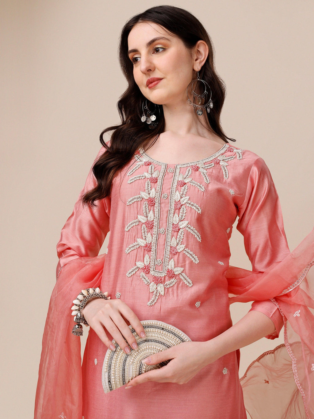 Hand Embroidered Kurta With Pant & Organza Dupatta, Multicolor - Hiral Fashion - Distacart
