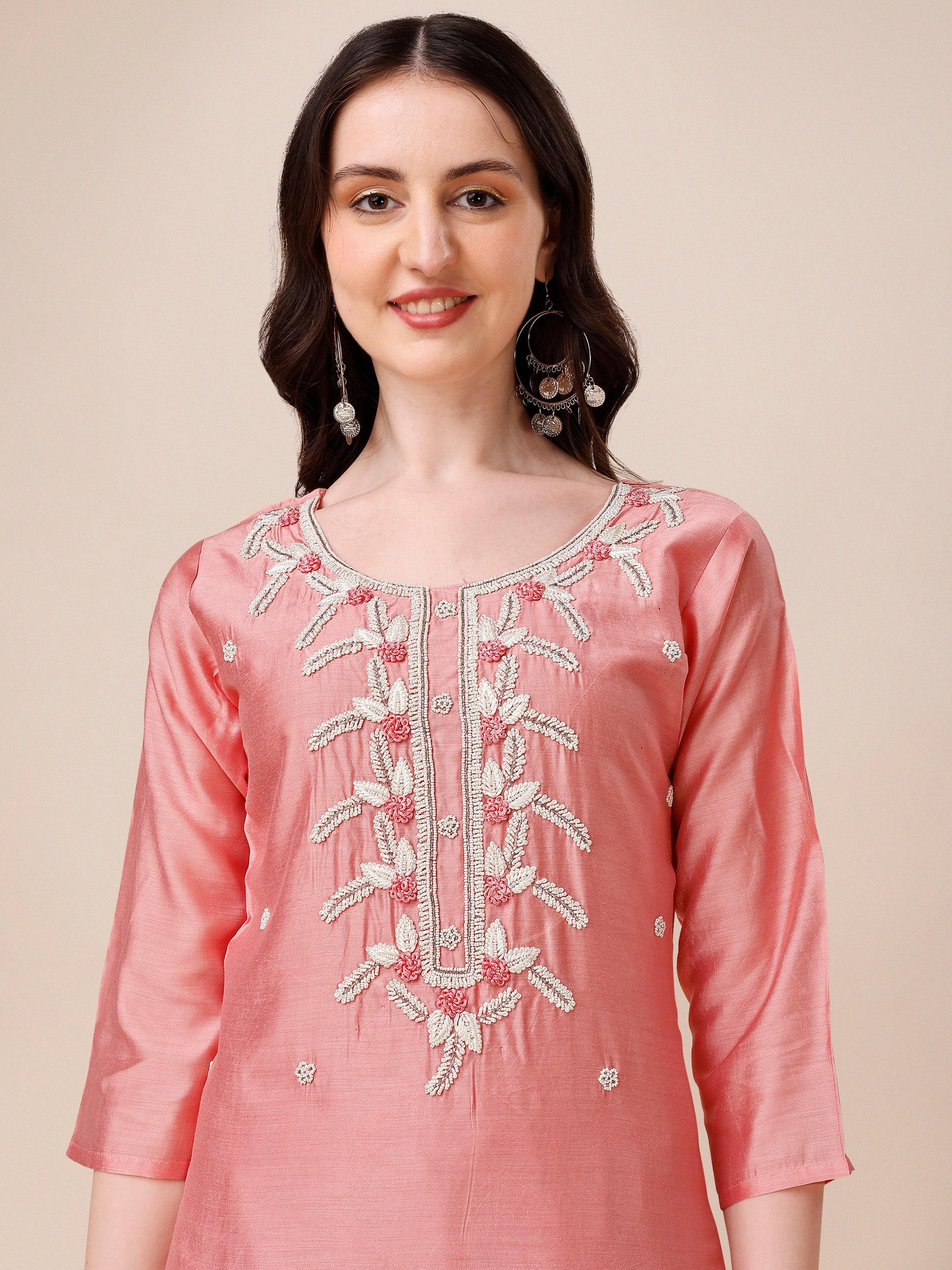 Hand Embroidered Kurta With Pant & Organza Dupatta, Multicolor - Hiral Fashion - Distacart