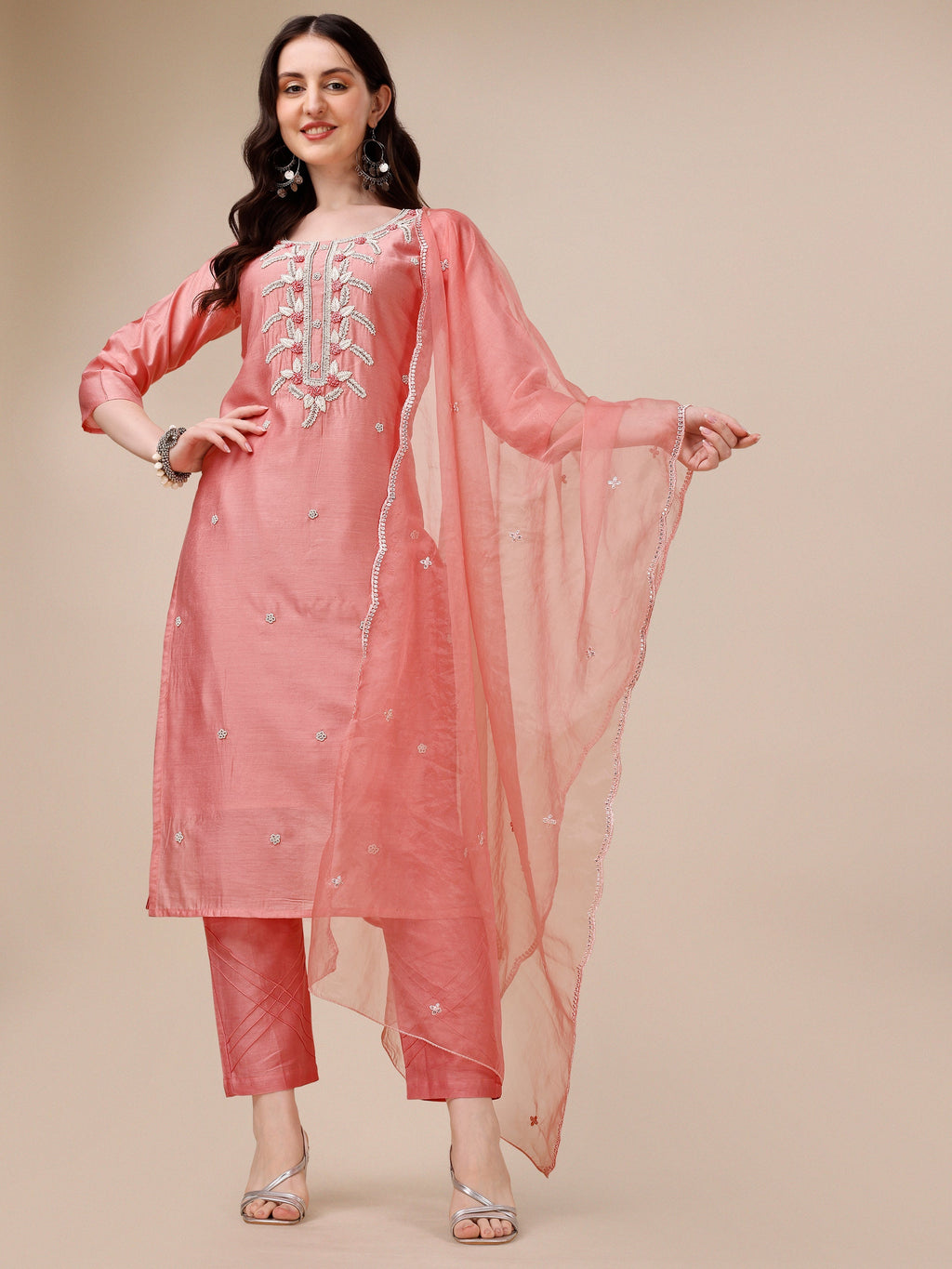 Hand Embroidered Kurta With Pant & Organza Dupatta, Multicolor - Hiral Fashion - Distacart