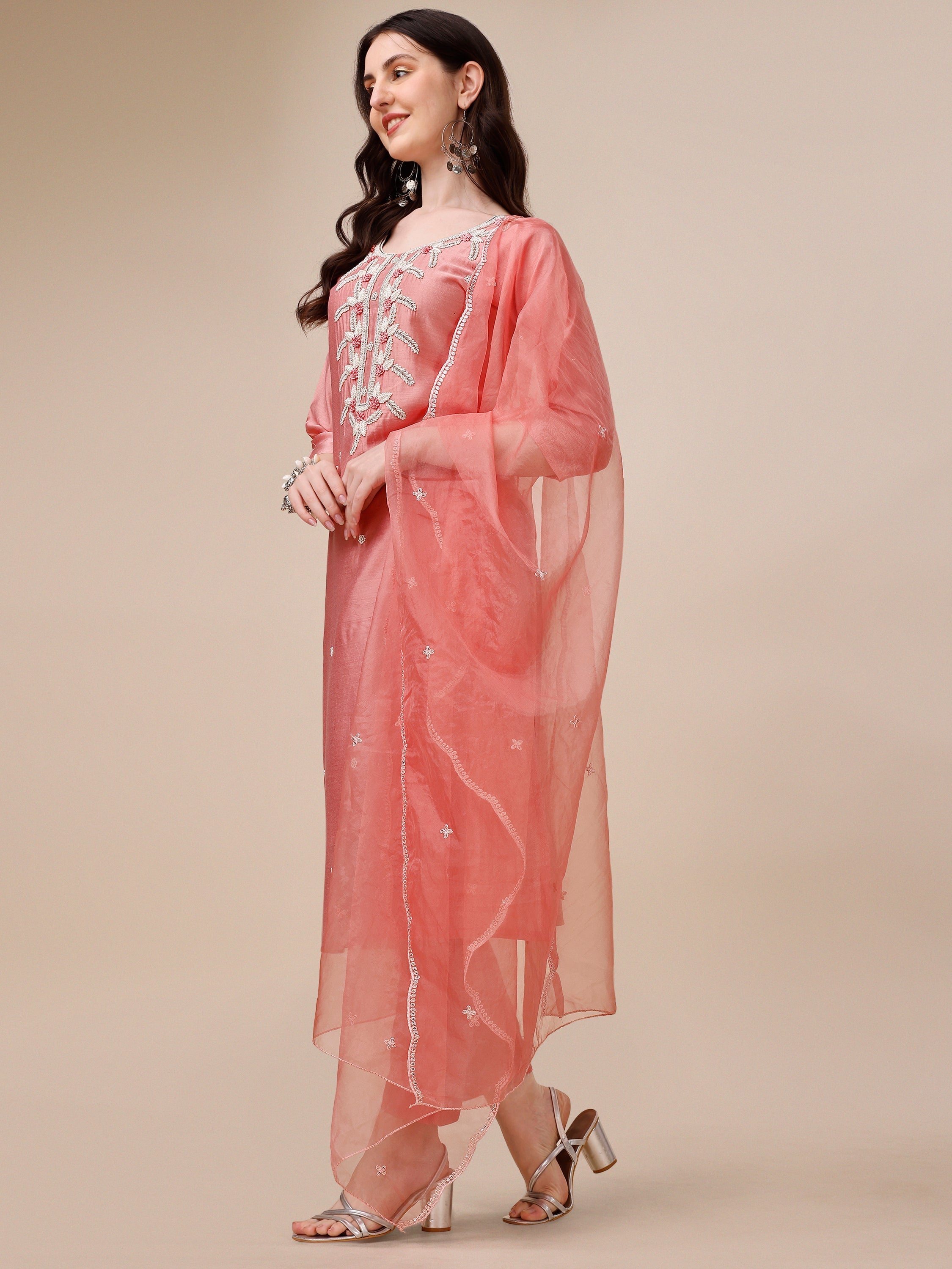 Hand Embroidered Kurta With Pant & Organza Dupatta, Multicolor - Hiral Fashion - Distacart