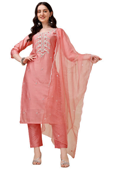 Hand Embroidered Kurta With Pant & Organza Dupatta, Multicolor - Hiral Fashion - Distacart