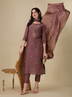 Hand Embroidered Kurta With Pant And Dupatta Set, Multicolor - Hiral Fashion - Distacart