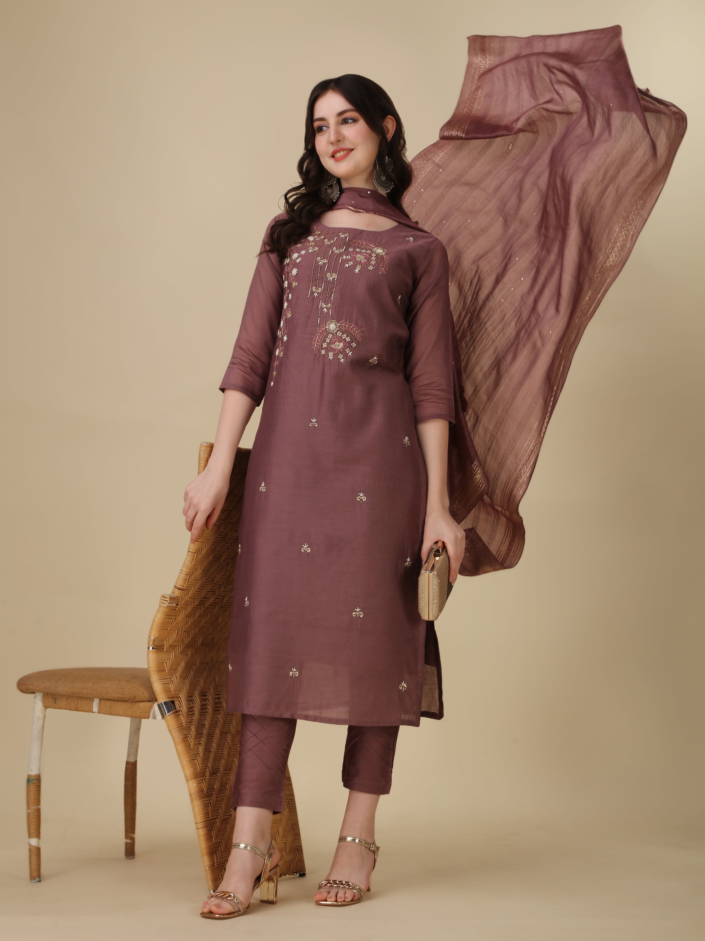 Hand Embroidered Kurta With Pant And Dupatta Set, Multicolor - Hiral Fashion - Distacart