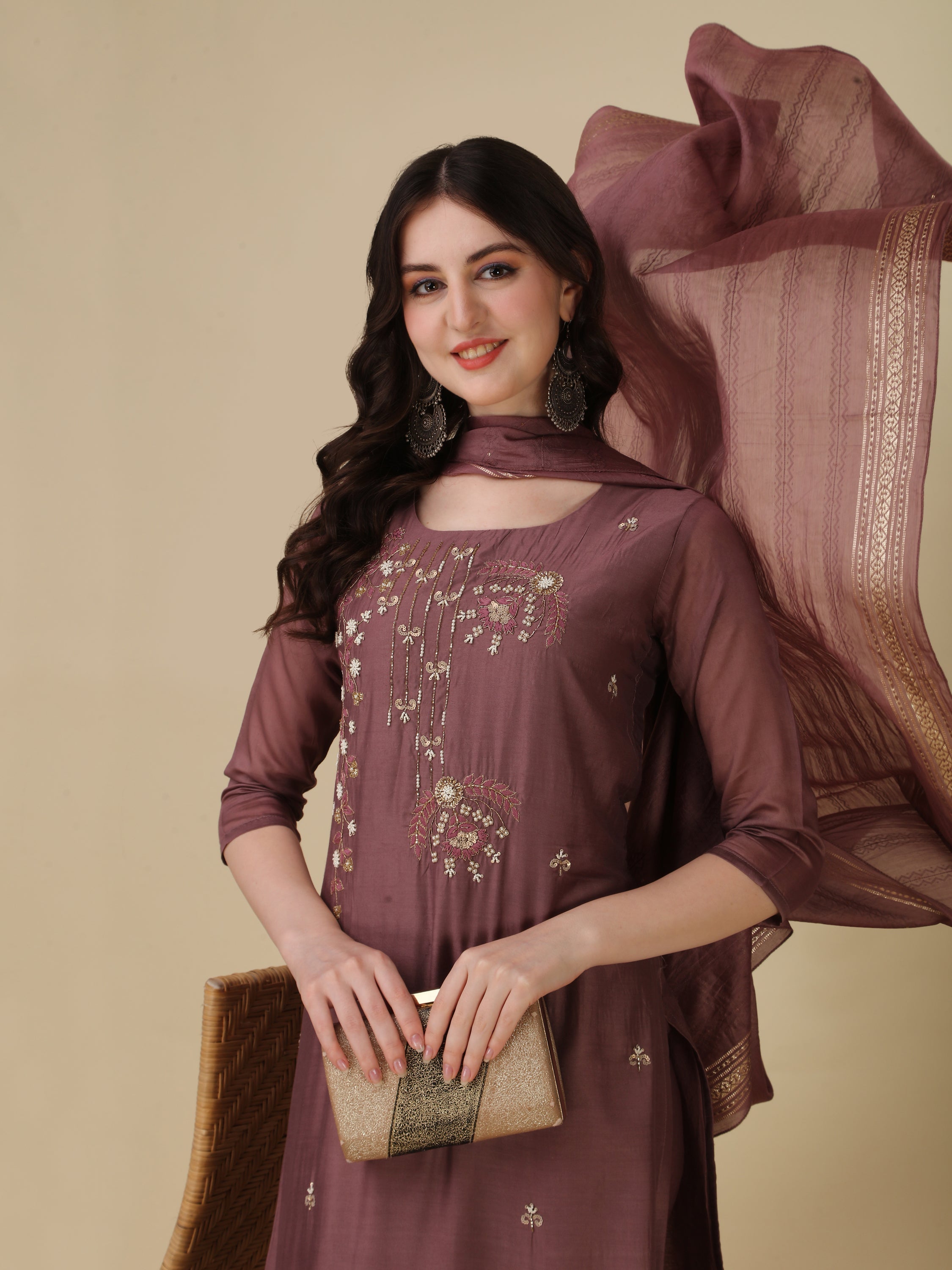 Hand Embroidered Kurta With Pant And Dupatta Set, Multicolor - Hiral Fashion - Distacart