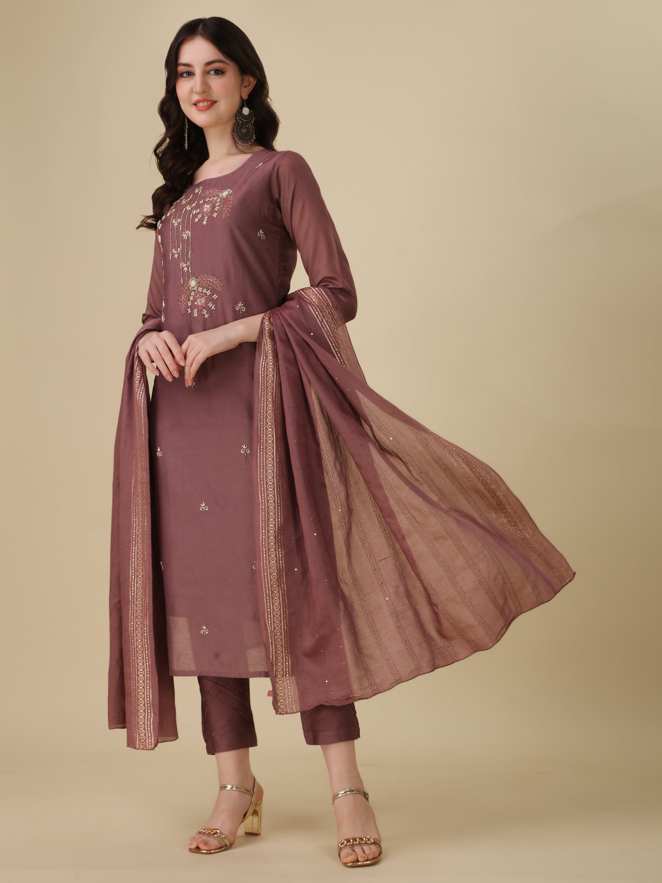 Hand Embroidered Kurta With Pant And Dupatta Set, Multicolor - Hiral Fashion - Distacart