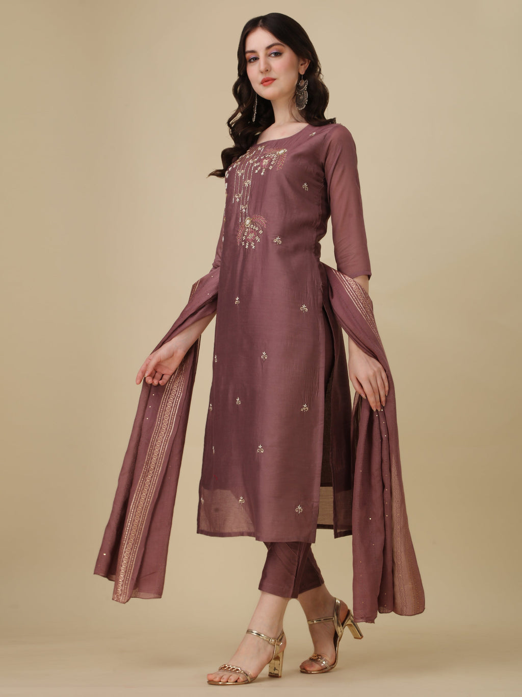 Hand Embroidered Kurta With Pant And Dupatta Set, Multicolor - Hiral Fashion - Distacart