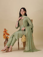Embroidered Kurta With Pant And Dupatta Set, Multicolor - Hiral Fashion - Distacart