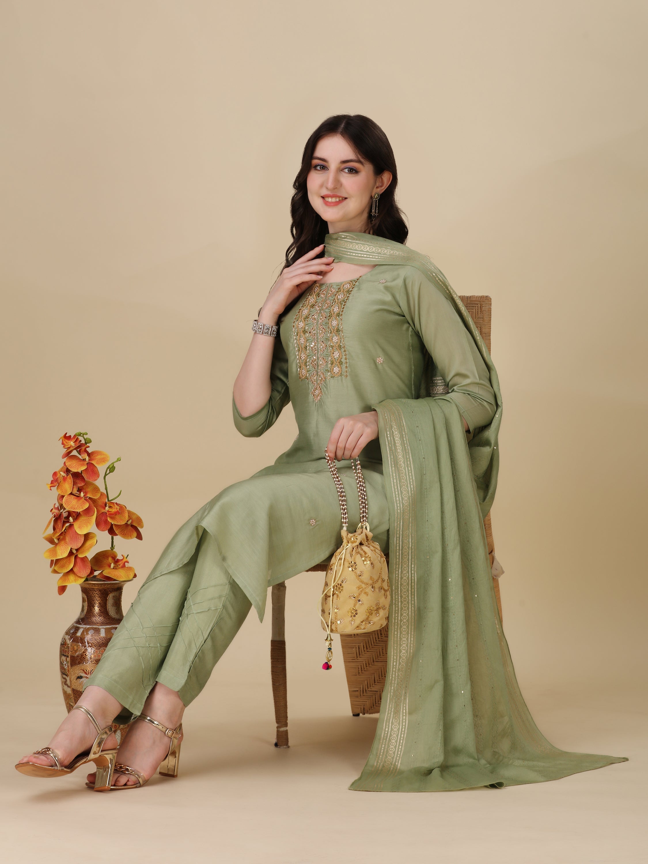 Embroidered Kurta With Pant And Dupatta Set, Multicolor - Hiral Fashion - Distacart