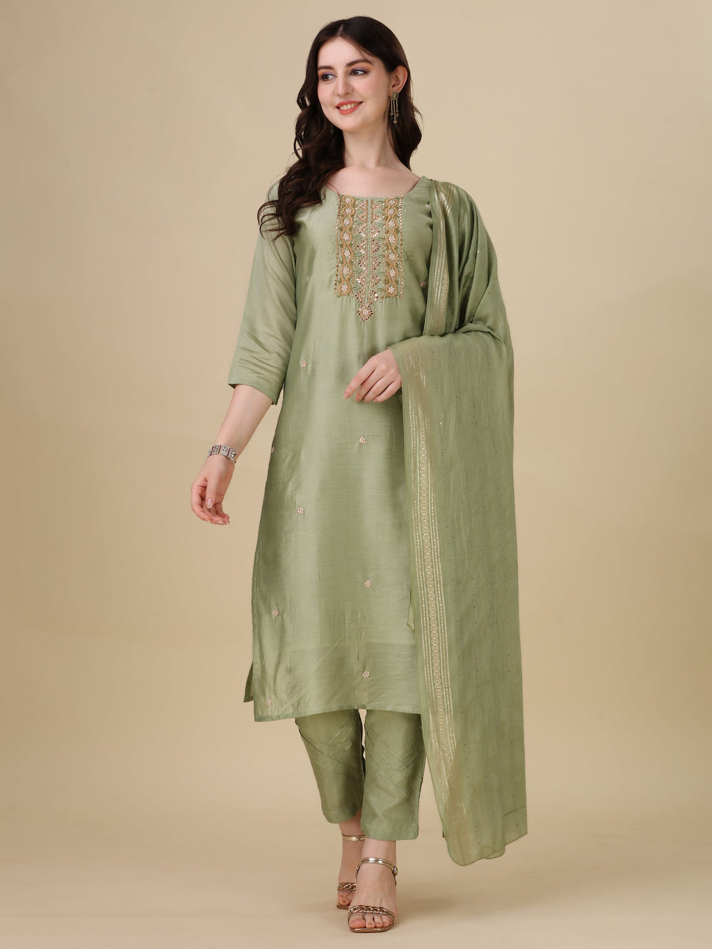 Embroidered Kurta With Pant And Dupatta Set, Multicolor - Hiral Fashion - Distacart