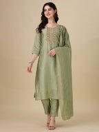 Embroidered Kurta With Pant And Dupatta Set, Multicolor - Hiral Fashion - Distacart