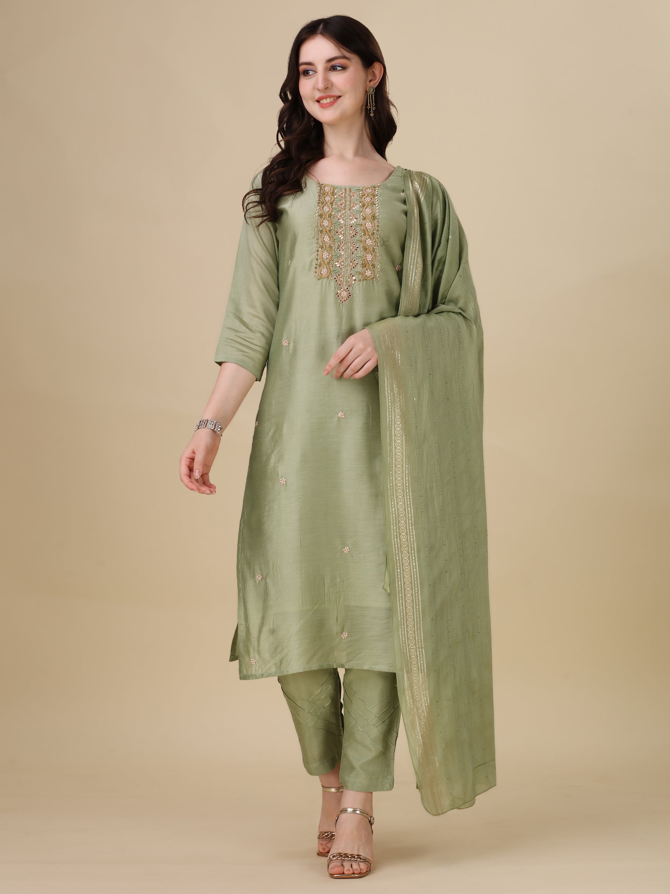 Embroidered Kurta With Pant And Dupatta Set, Multicolor - Hiral Fashion - Distacart