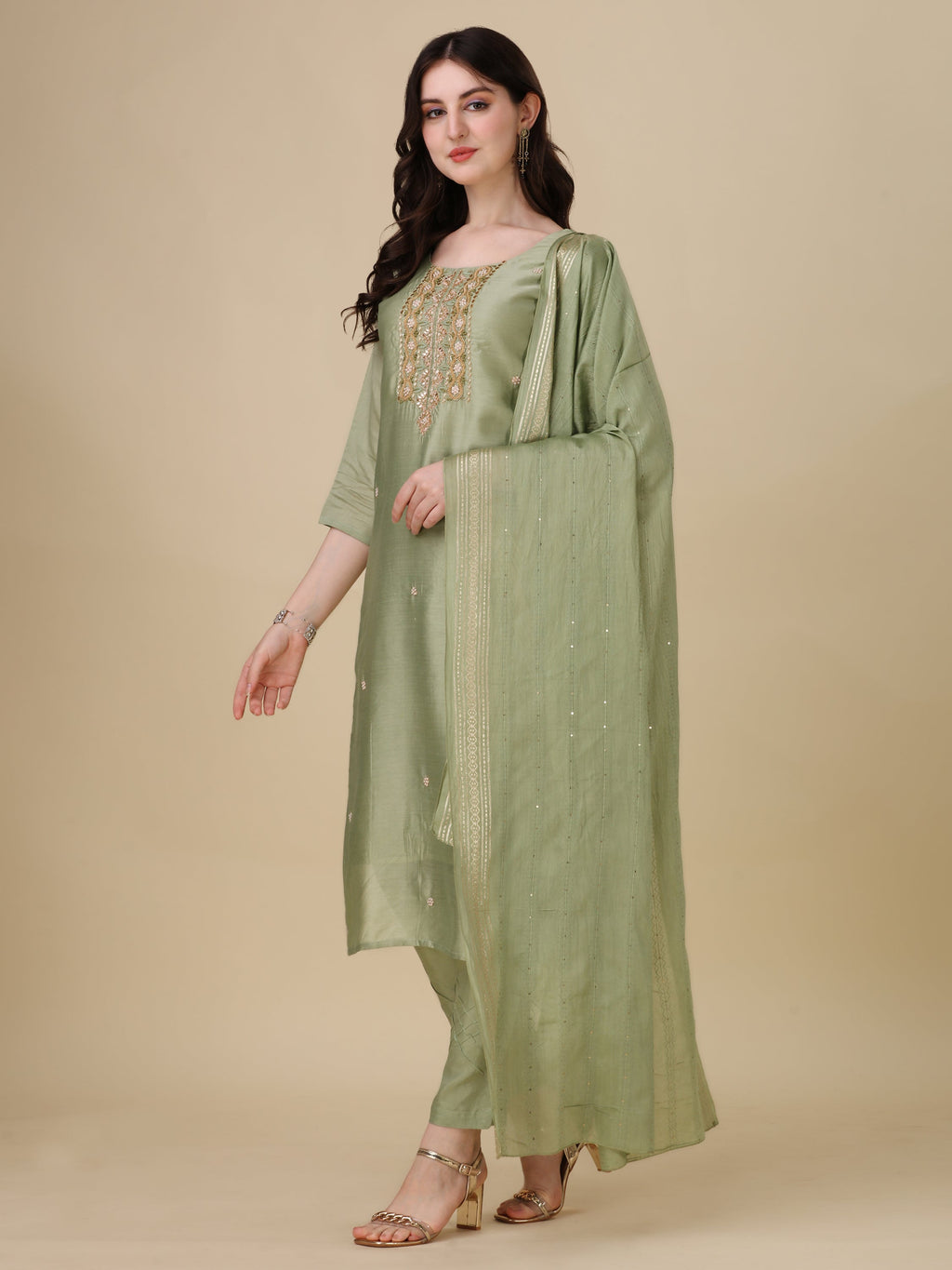 Embroidered Kurta With Pant And Dupatta Set, Multicolor - Hiral Fashion - Distacart