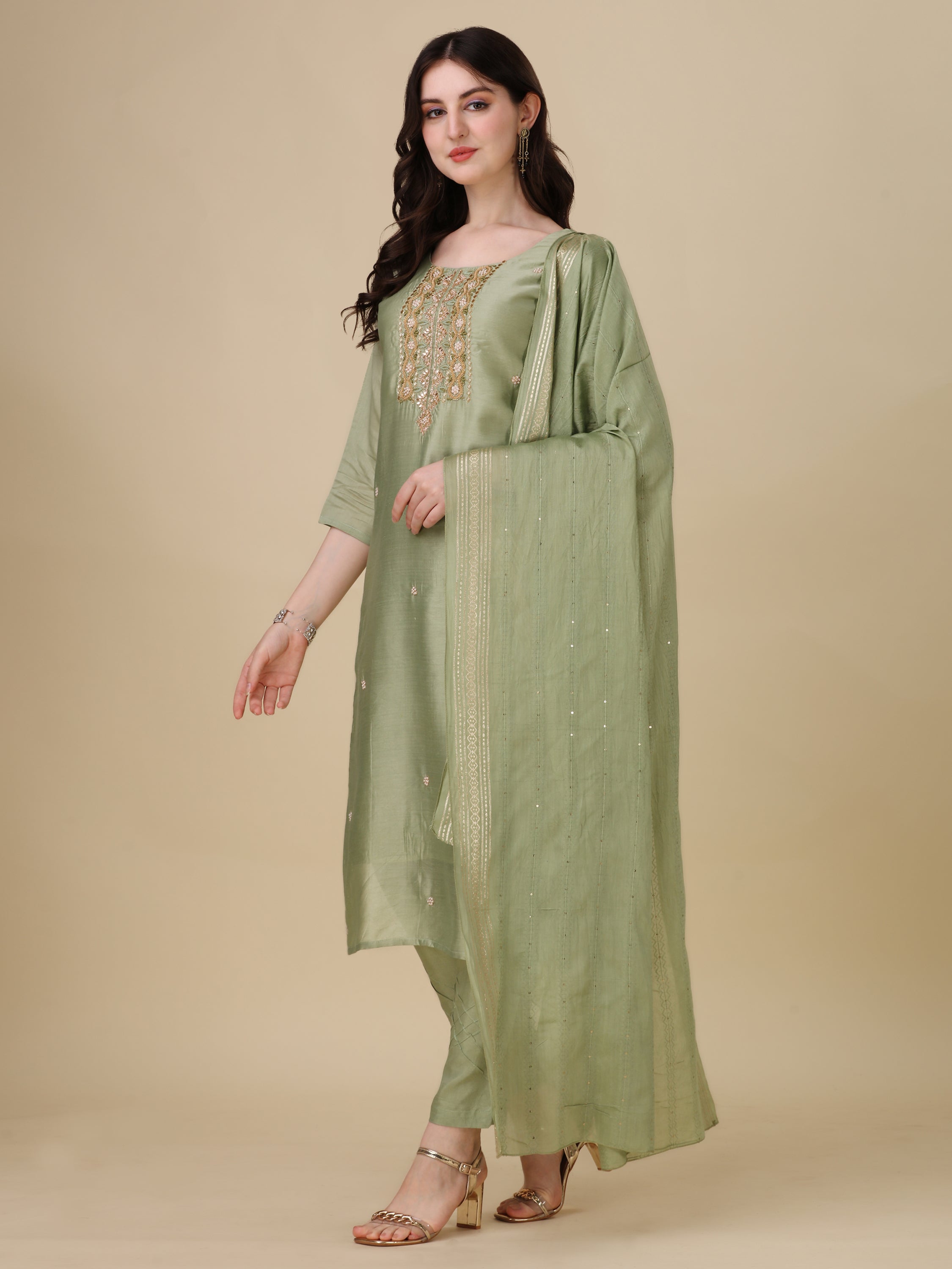 Embroidered Kurta With Pant And Dupatta Set, Multicolor - Hiral Fashion - Distacart