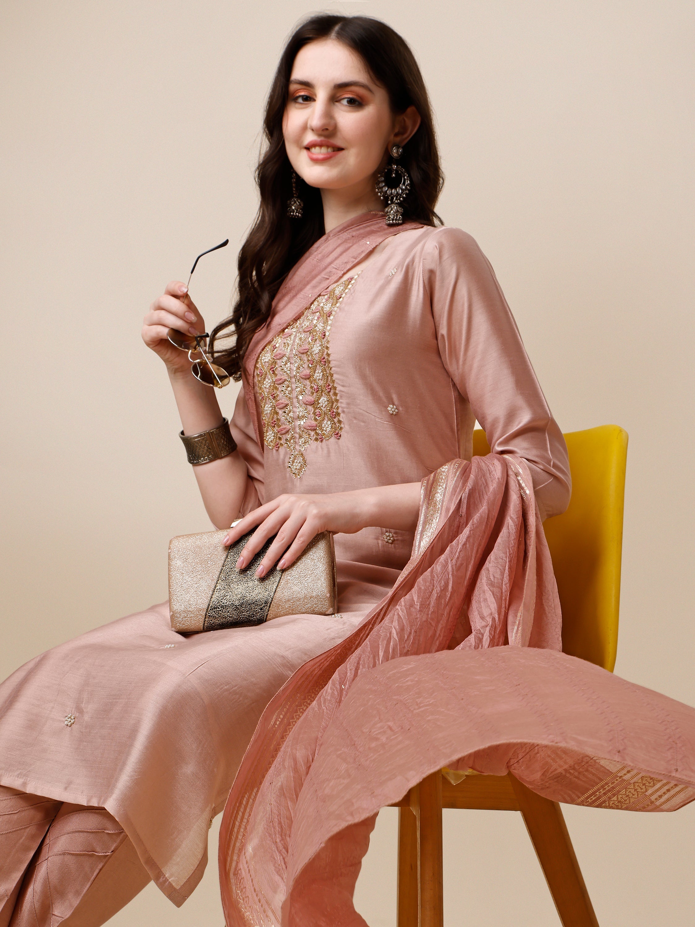 Embroidered Kurta With Pant And Dupatta Set, Multicolor - Hiral Fashion - Distacart