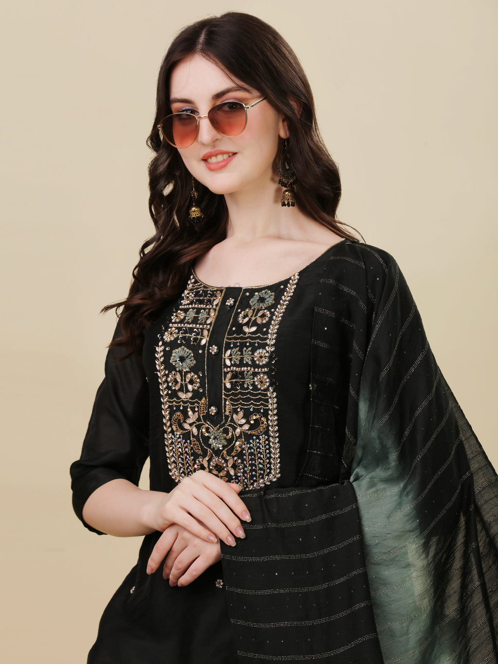 Embroidered Kurta With Pant And Dupatta Set, Multicolor - Hiral Fashion - Distacart