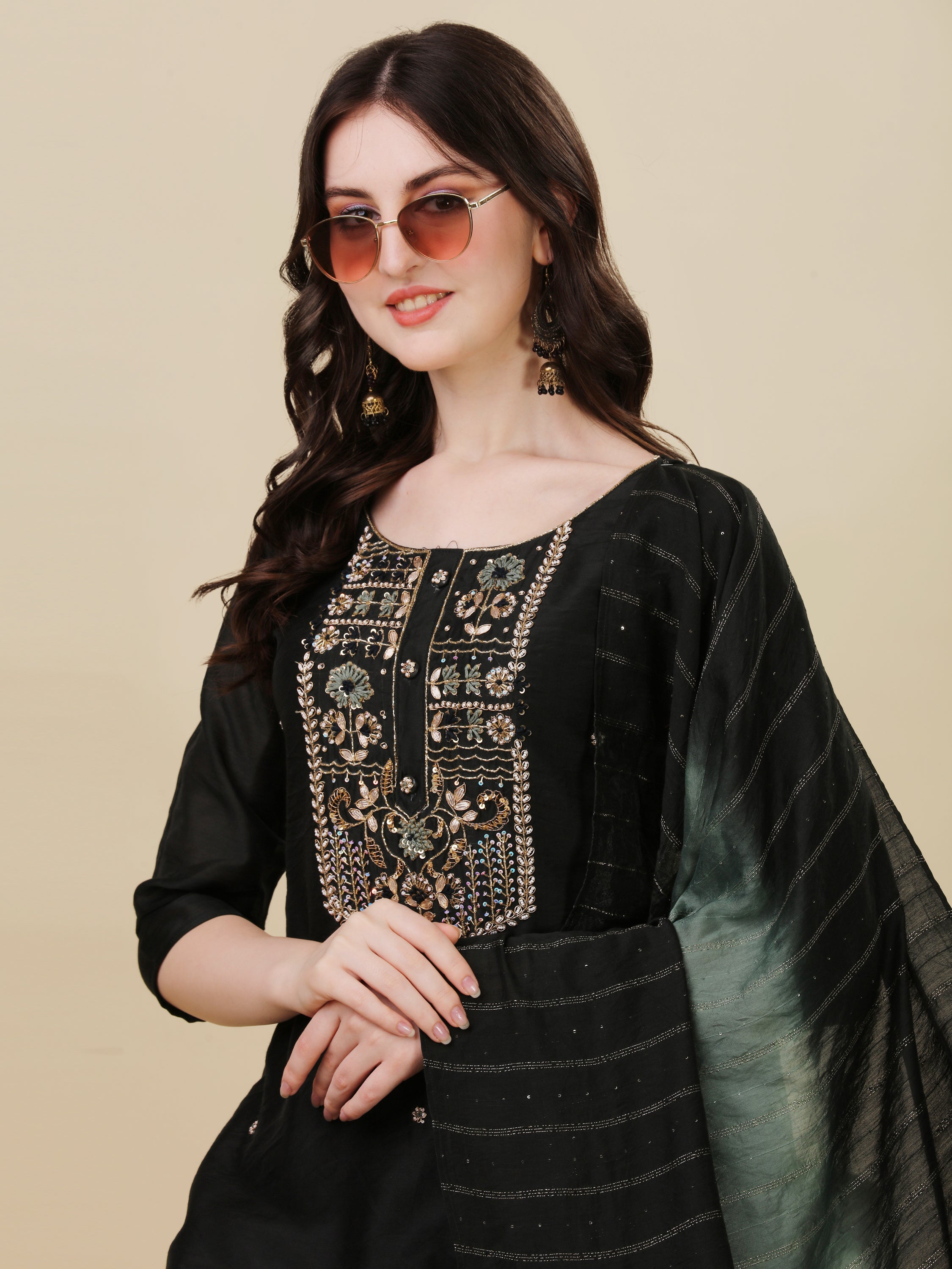 Embroidered Kurta With Pant And Dupatta Set, Multicolor - Hiral Fashion - Distacart