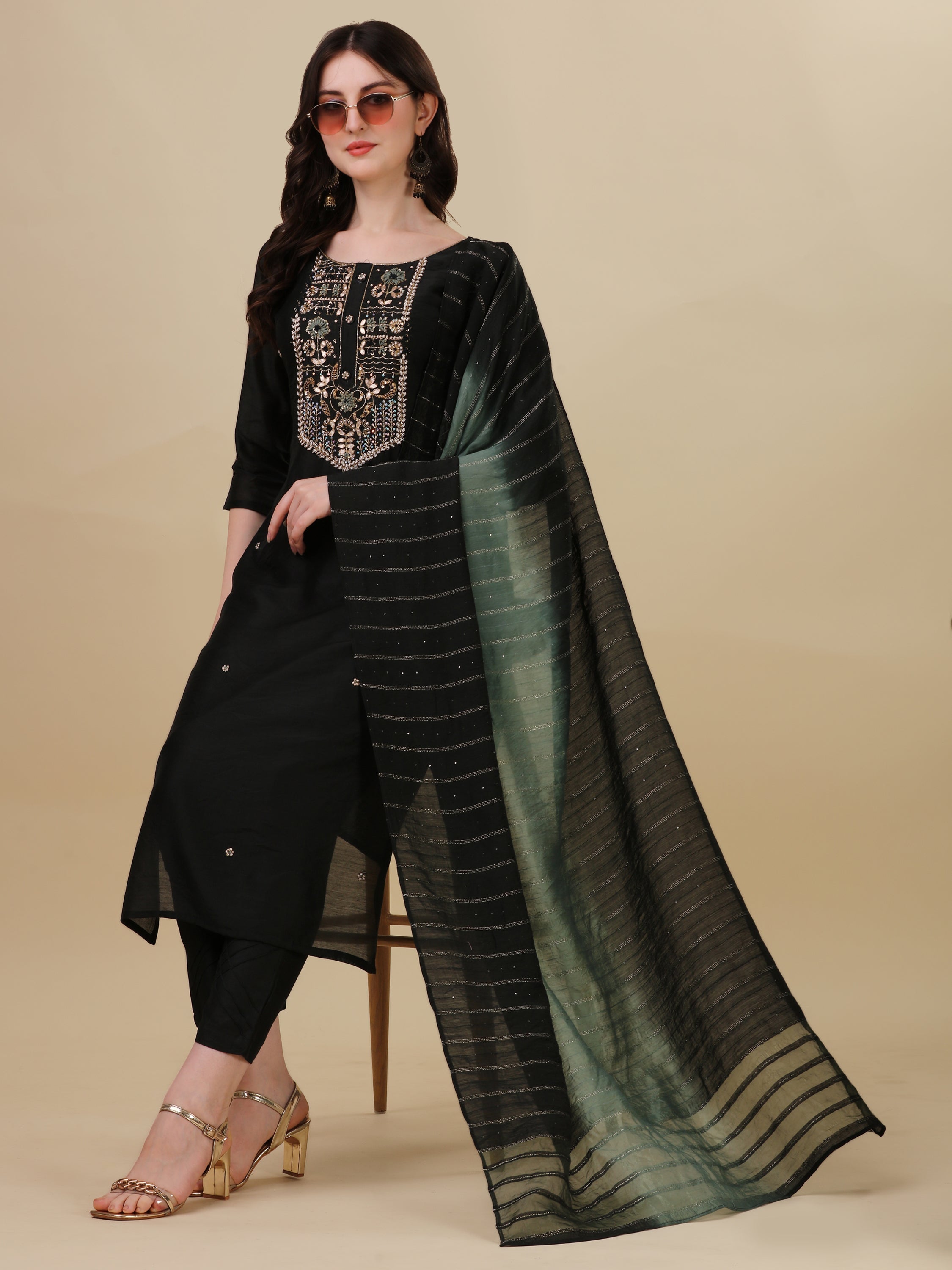 Embroidered Kurta With Pant And Dupatta Set, Multicolor - Hiral Fashion - Distacart