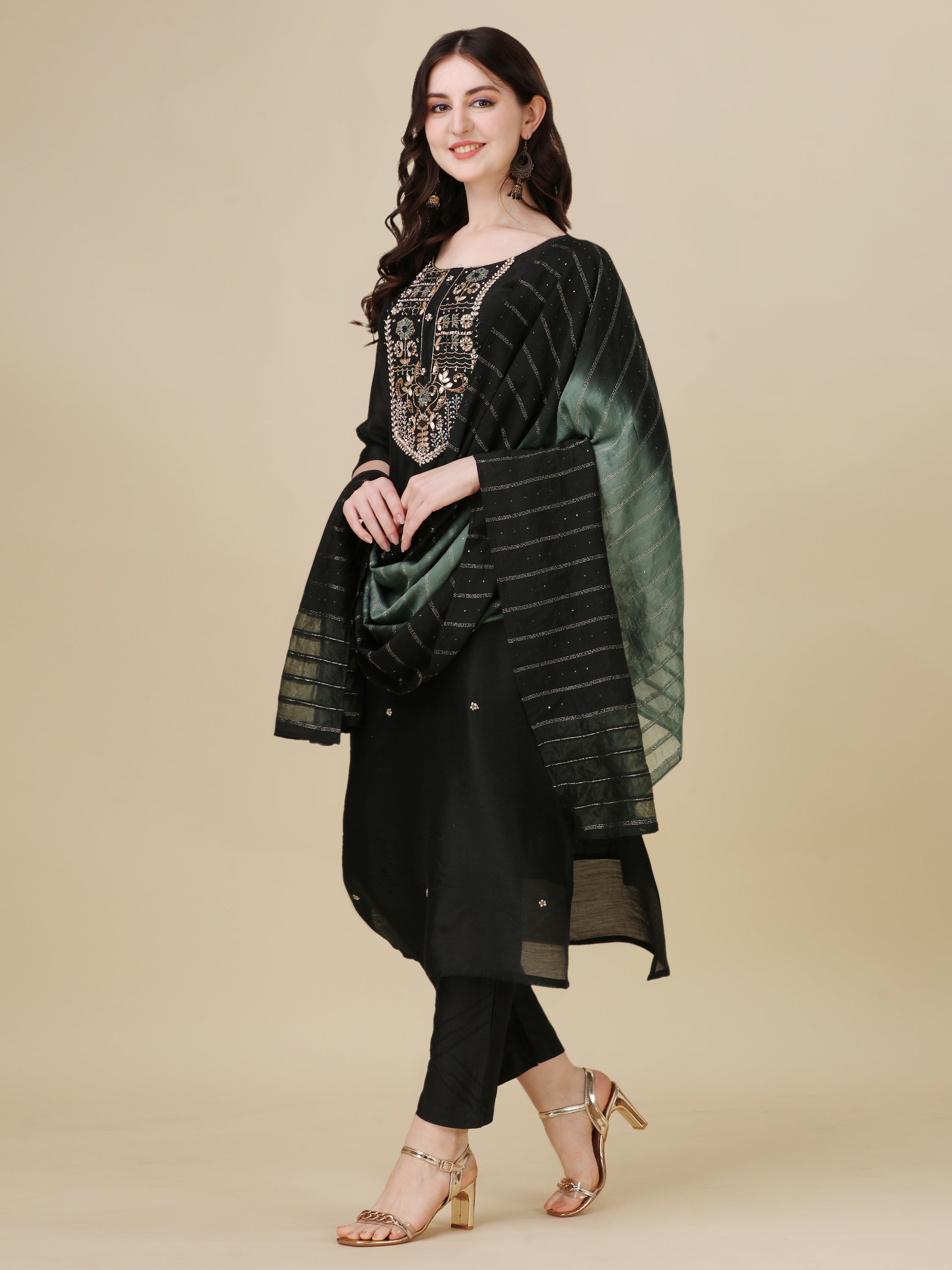 Embroidered Kurta With Pant And Dupatta Set, Multicolor - Hiral Fashion - Distacart
