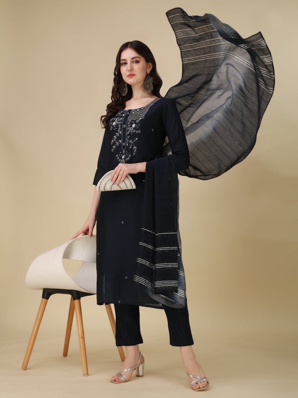 Hand Embroidered Kurta With Pant And Dupatta Set, Multicolor - Hiral Fashion - Distacart
