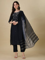 Hand Embroidered Kurta With Pant And Dupatta Set, Multicolor - Hiral Fashion - Distacart