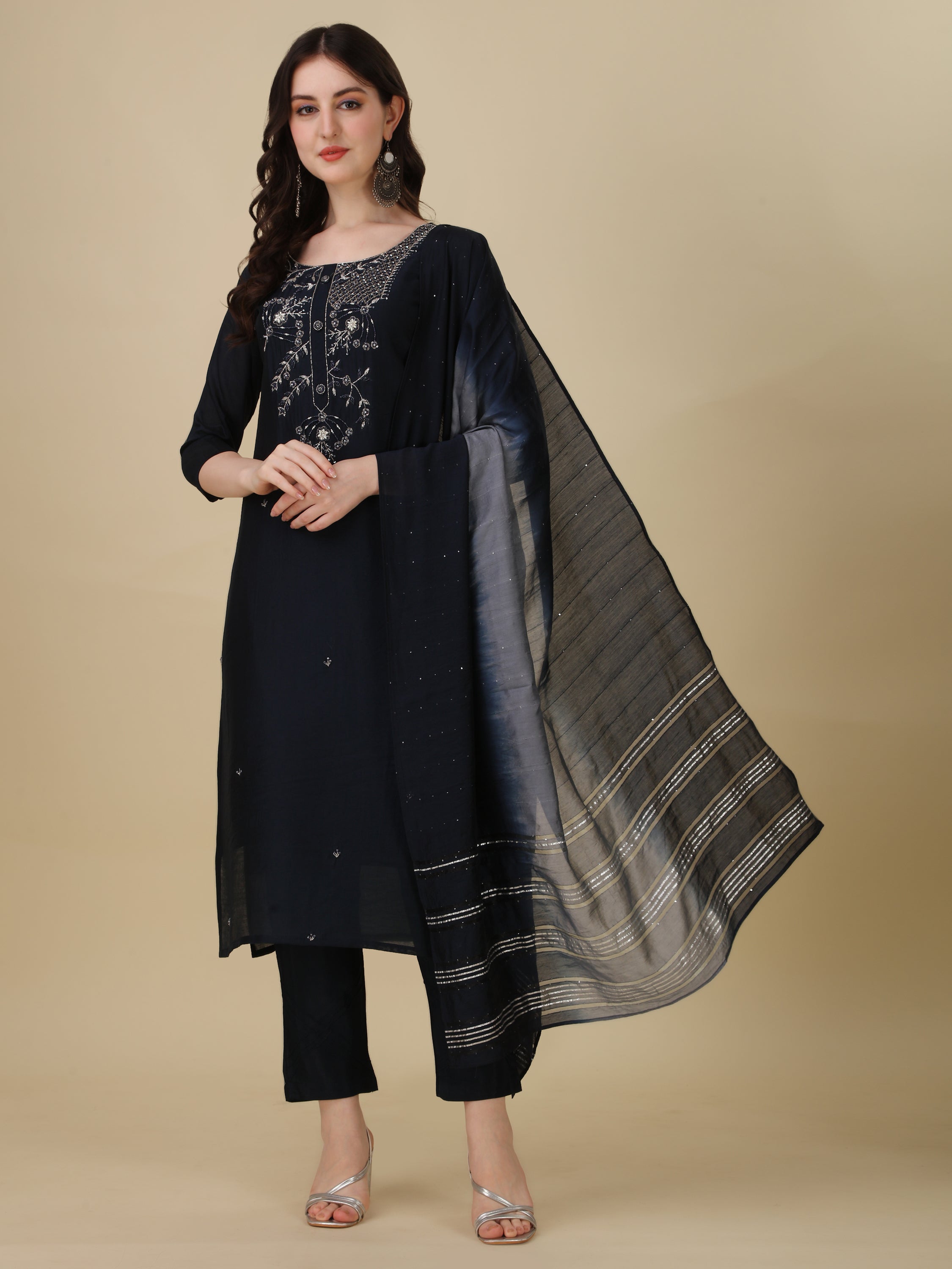 Hand Embroidered Kurta With Pant And Dupatta Set, Multicolor - Hiral Fashion - Distacart