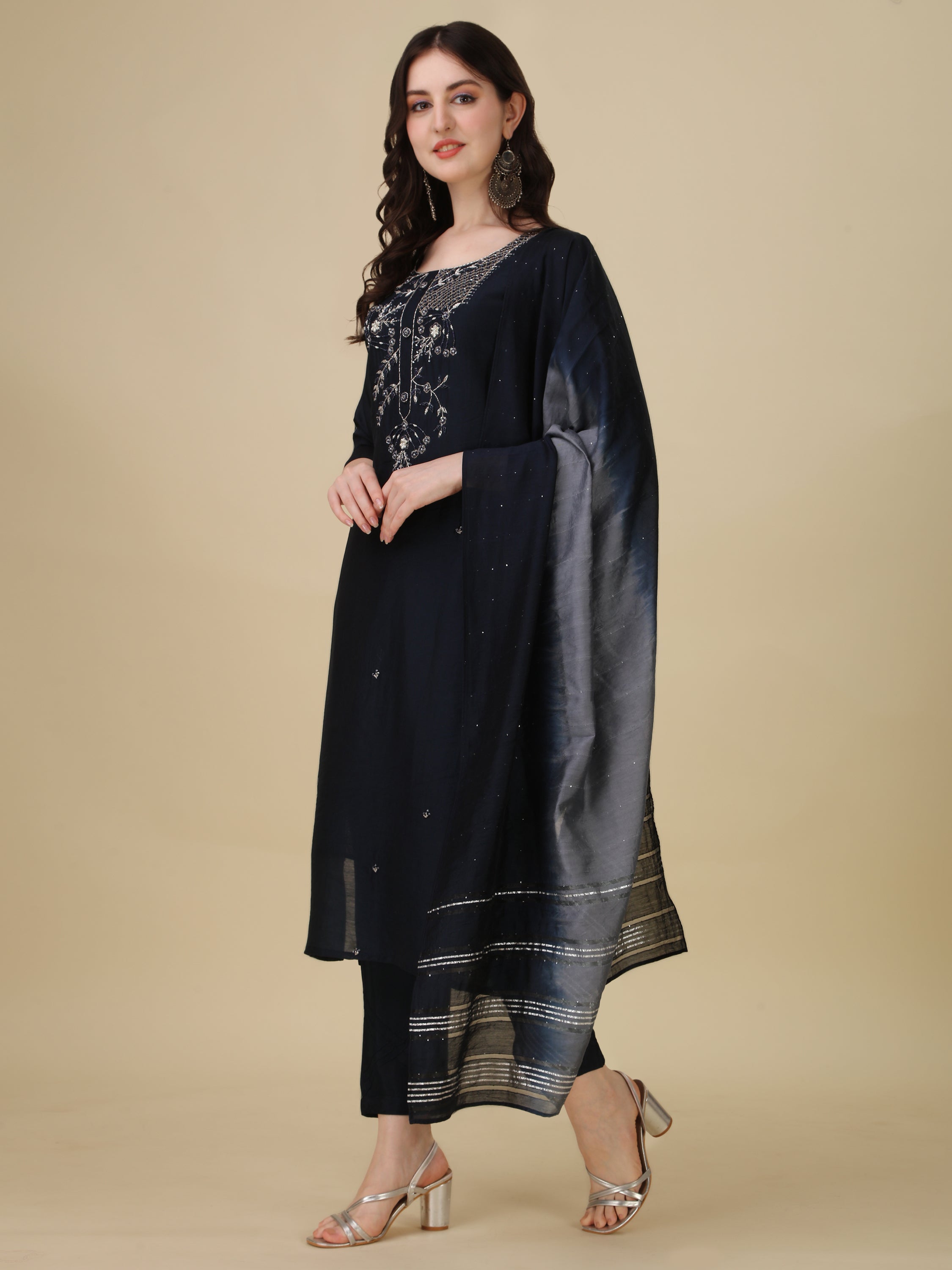 Hand Embroidered Kurta With Pant And Dupatta Set, Multicolor - Hiral Fashion - Distacart