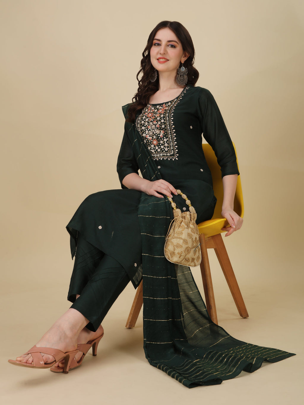 Embroidered Bottle Green Kurta With Pant And Dupatta Set, Multicolor - Hiral Fashion - Distacart