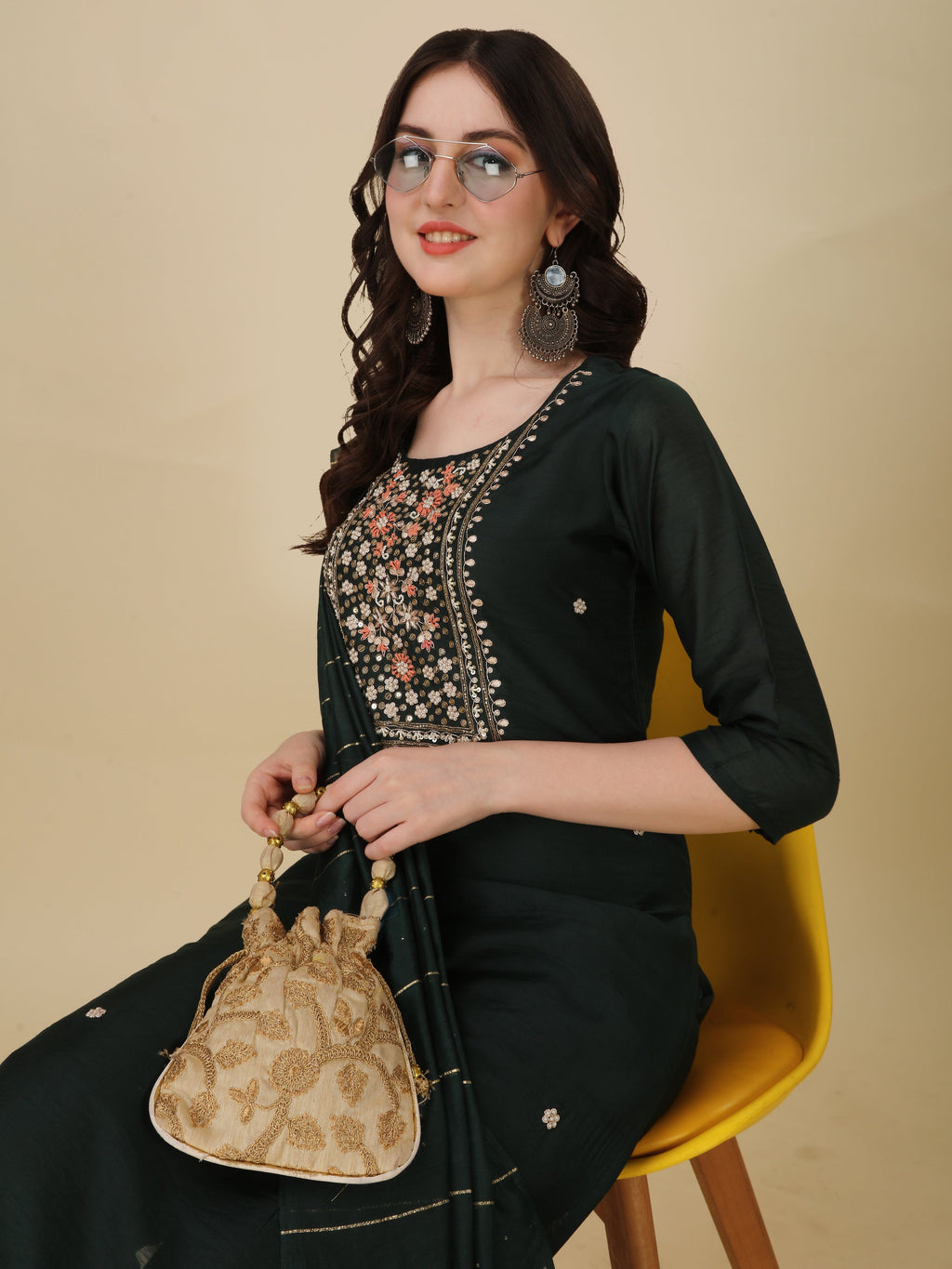 Embroidered Bottle Green Kurta With Pant And Dupatta Set, Multicolor - Hiral Fashion - Distacart
