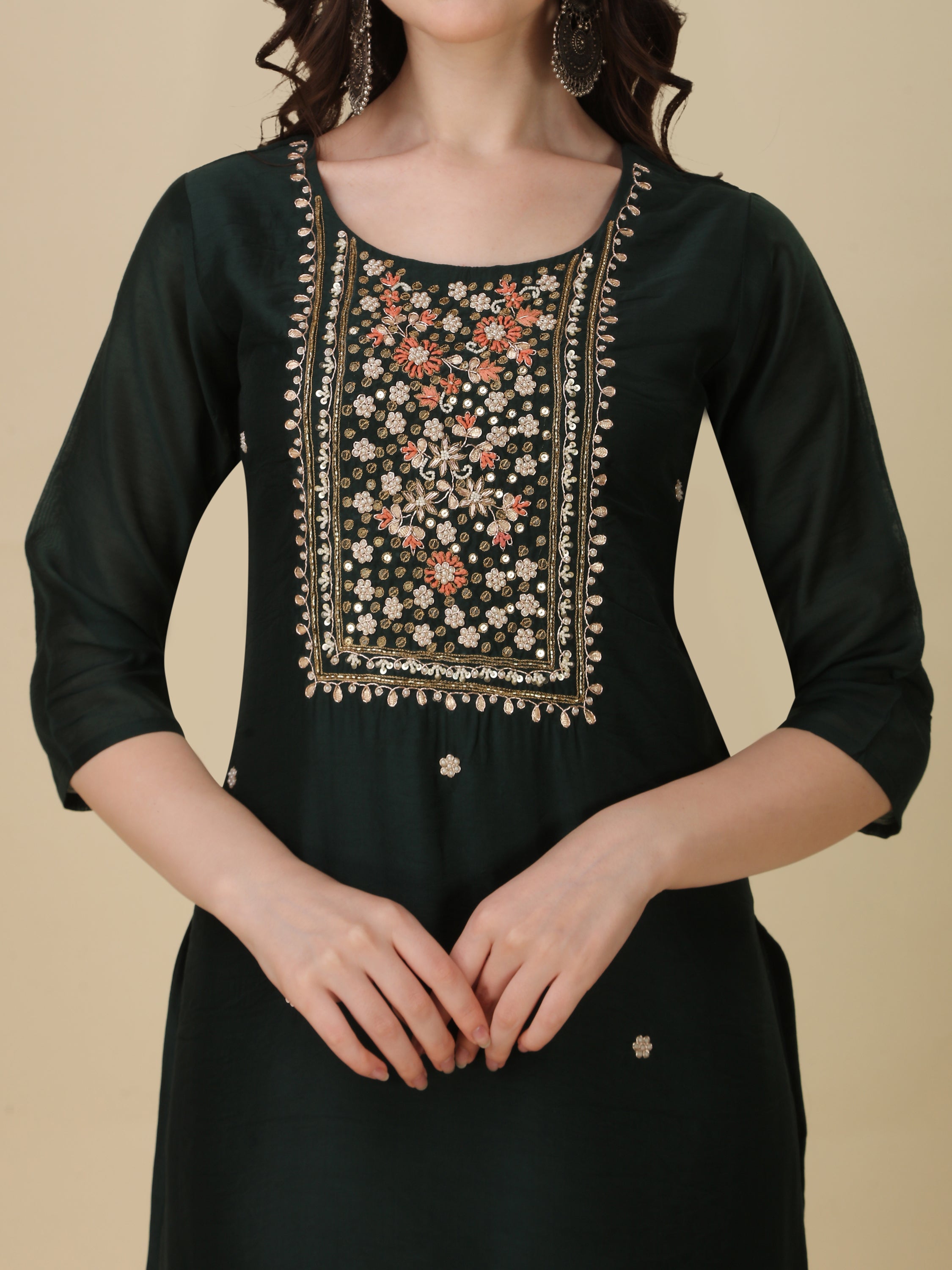 Embroidered Bottle Green Kurta With Pant And Dupatta Set, Multicolor - Hiral Fashion - Distacart
