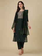 Embroidered Bottle Green Kurta With Pant And Dupatta Set, Multicolor - Hiral Fashion - Distacart