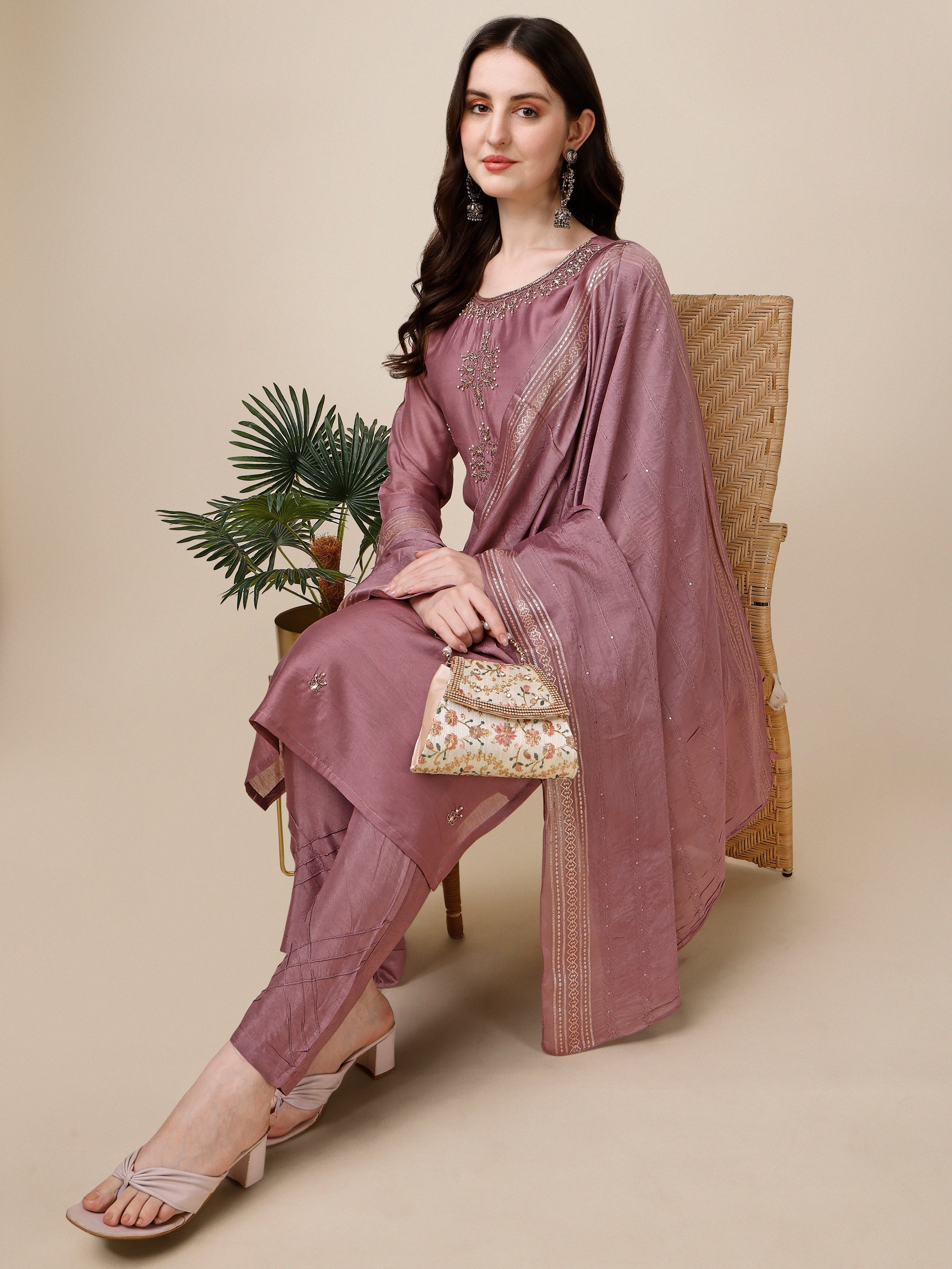Hand Embroidered Kurta With Pant And Dupatta Set, Multicolor - Hiral Fashion - Distacart
