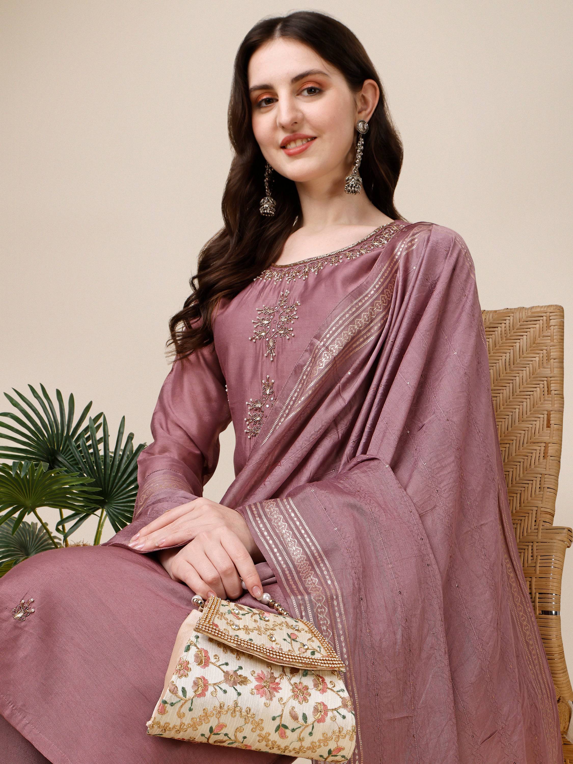 Hand Embroidered Kurta With Pant And Dupatta Set, Multicolor - Hiral Fashion - Distacart