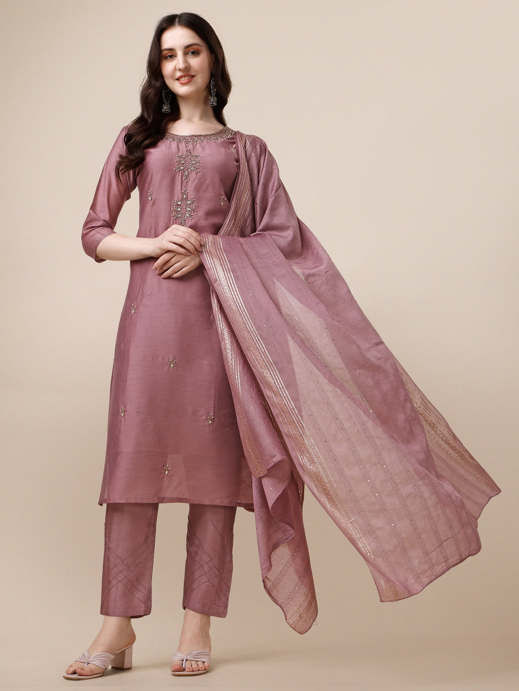 Hand Embroidered Kurta With Pant And Dupatta Set, Multicolor - Hiral Fashion - Distacart