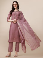 Hand Embroidered Kurta With Pant And Dupatta Set, Multicolor - Hiral Fashion - Distacart