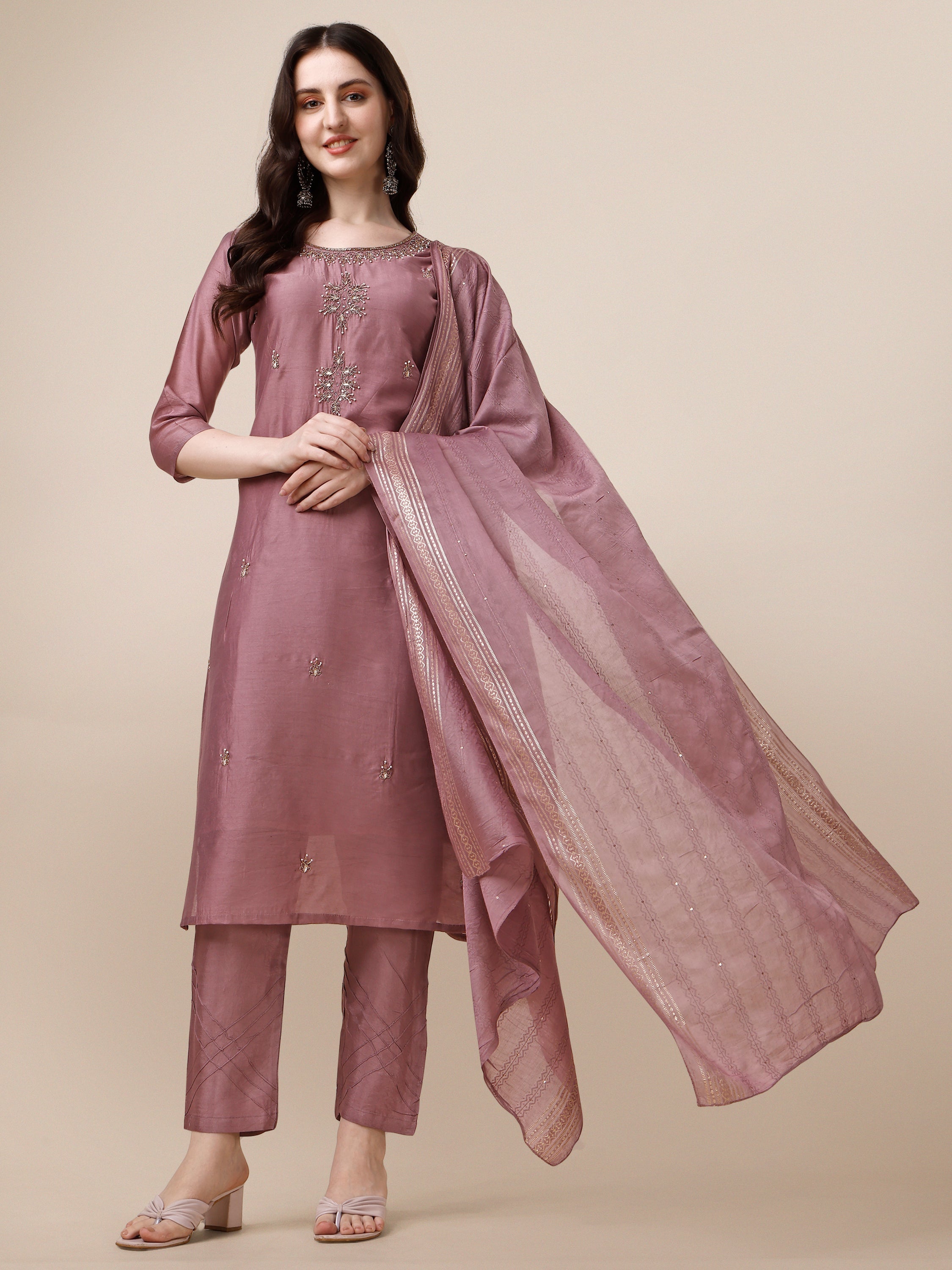 Hand Embroidered Kurta With Pant And Dupatta Set, Multicolor - Hiral Fashion - Distacart