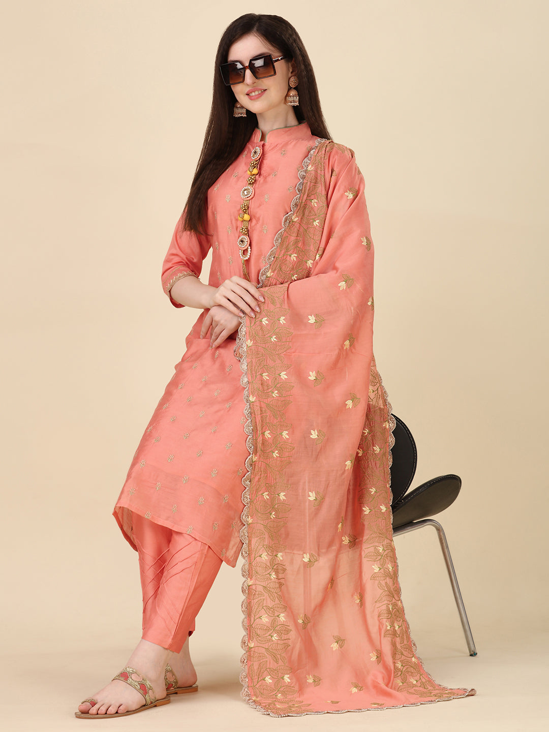 Embellished Hand Embroidered Buttoned Kurta With Pant & Dupatta Set, Multicolor - Hiral Fashion - Distacart