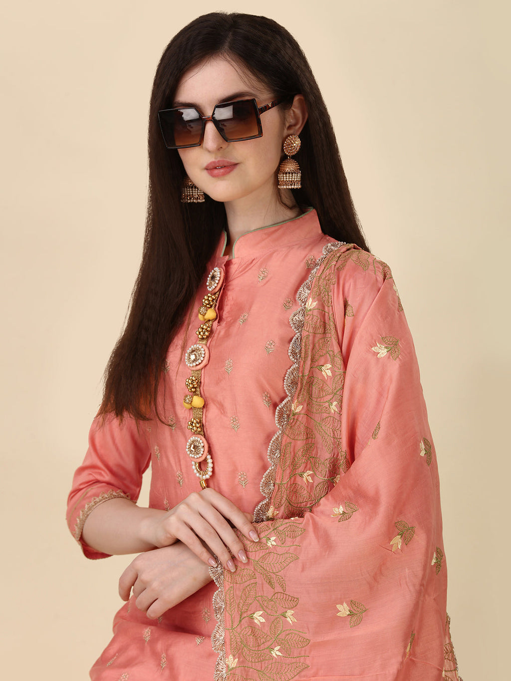 Embellished Hand Embroidered Buttoned Kurta With Pant & Dupatta Set, Multicolor - Hiral Fashion - Distacart