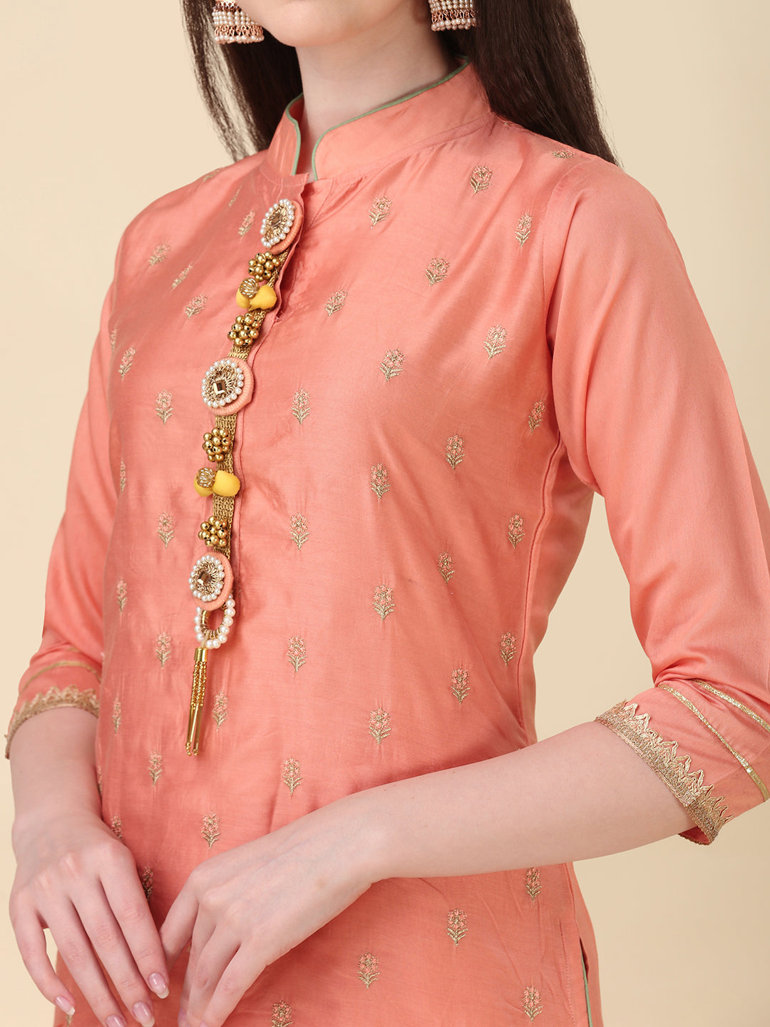 Embellished Hand Embroidered Buttoned Kurta With Pant & Dupatta Set, Multicolor - Hiral Fashion - Distacart