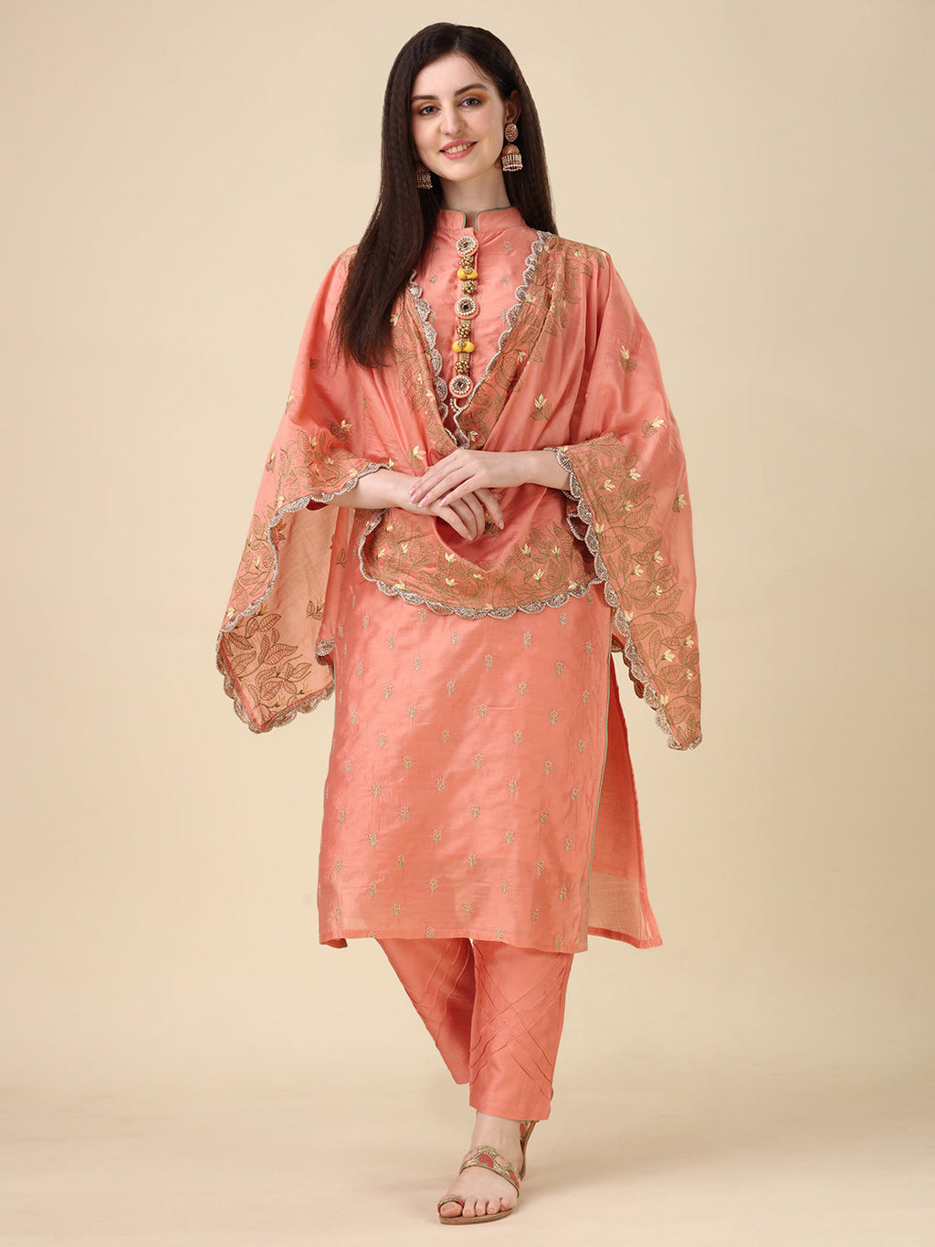 Embellished Hand Embroidered Buttoned Kurta With Pant & Dupatta Set, Multicolor - Hiral Fashion - Distacart