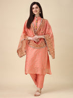 Embellished Hand Embroidered Buttoned Kurta With Pant & Dupatta Set, Multicolor - Hiral Fashion - Distacart
