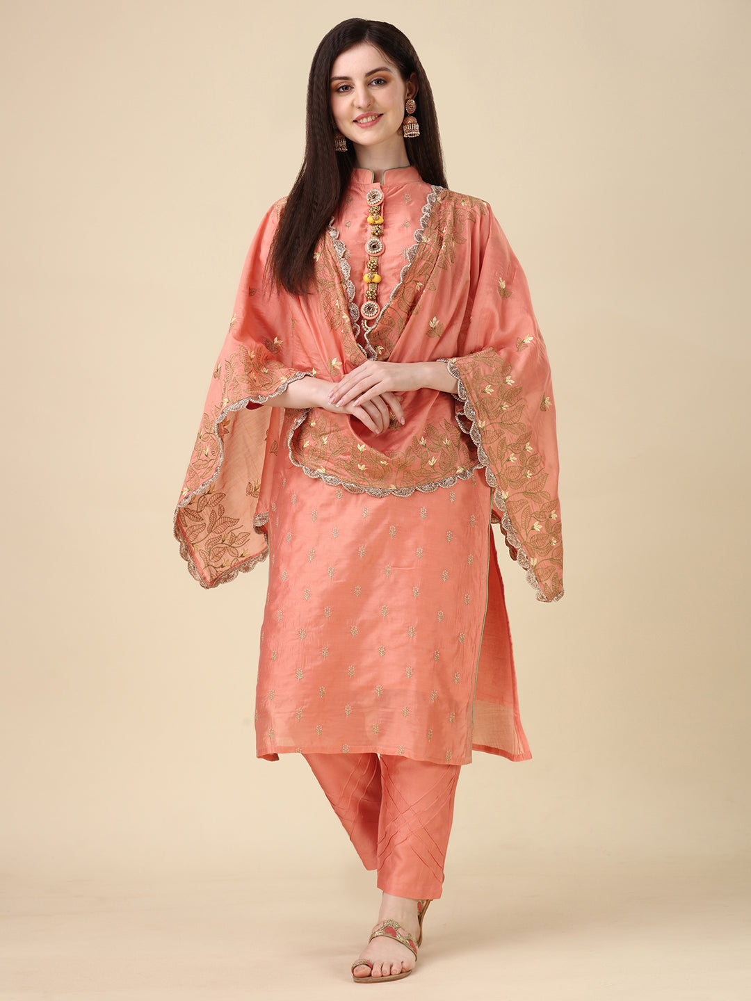 Embellished Hand Embroidered Buttoned Kurta With Pant & Dupatta Set, Multicolor - Hiral Fashion - Distacart