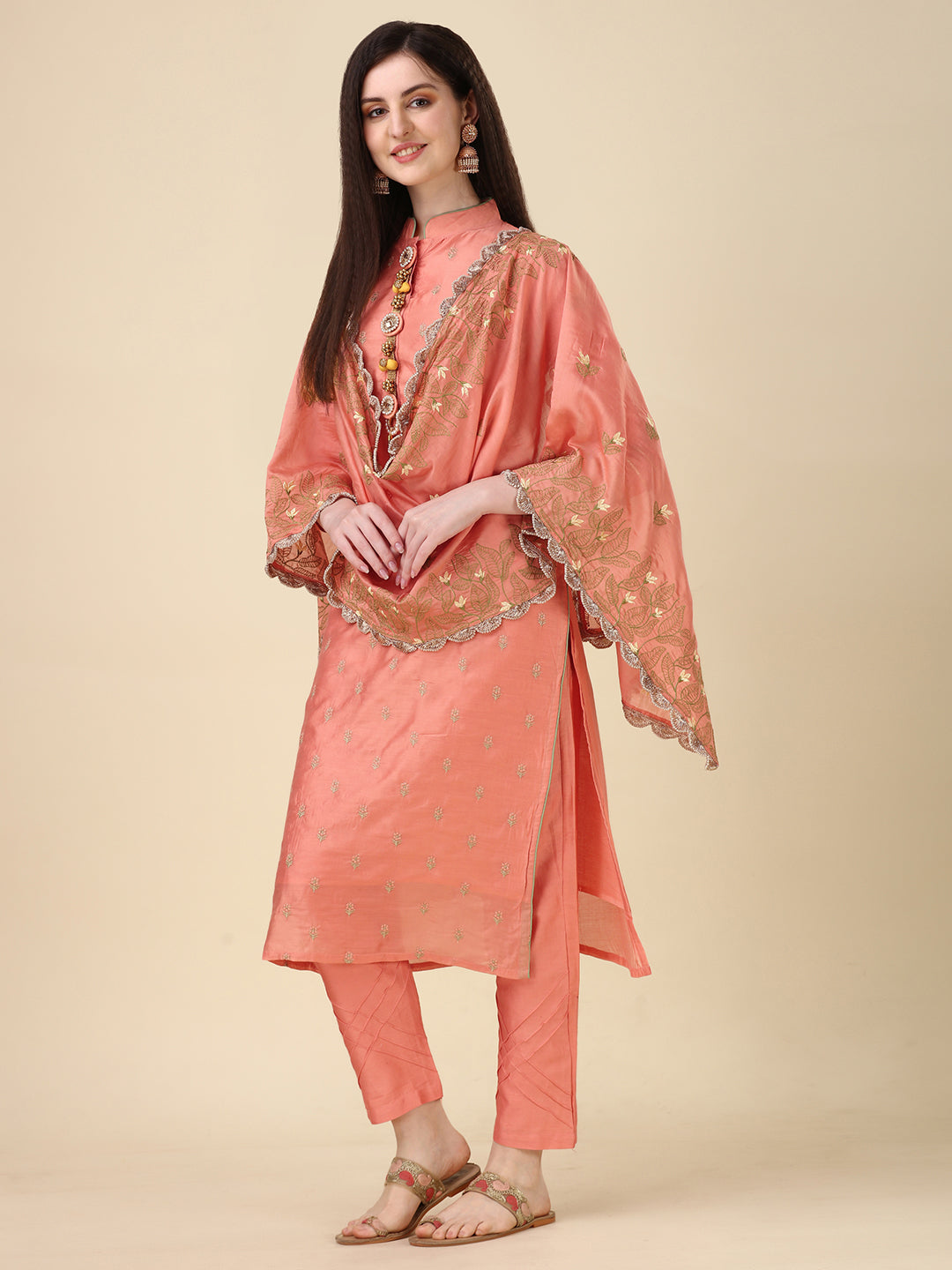 Embellished Hand Embroidered Buttoned Kurta With Pant & Dupatta Set, Multicolor - Hiral Fashion - Distacart