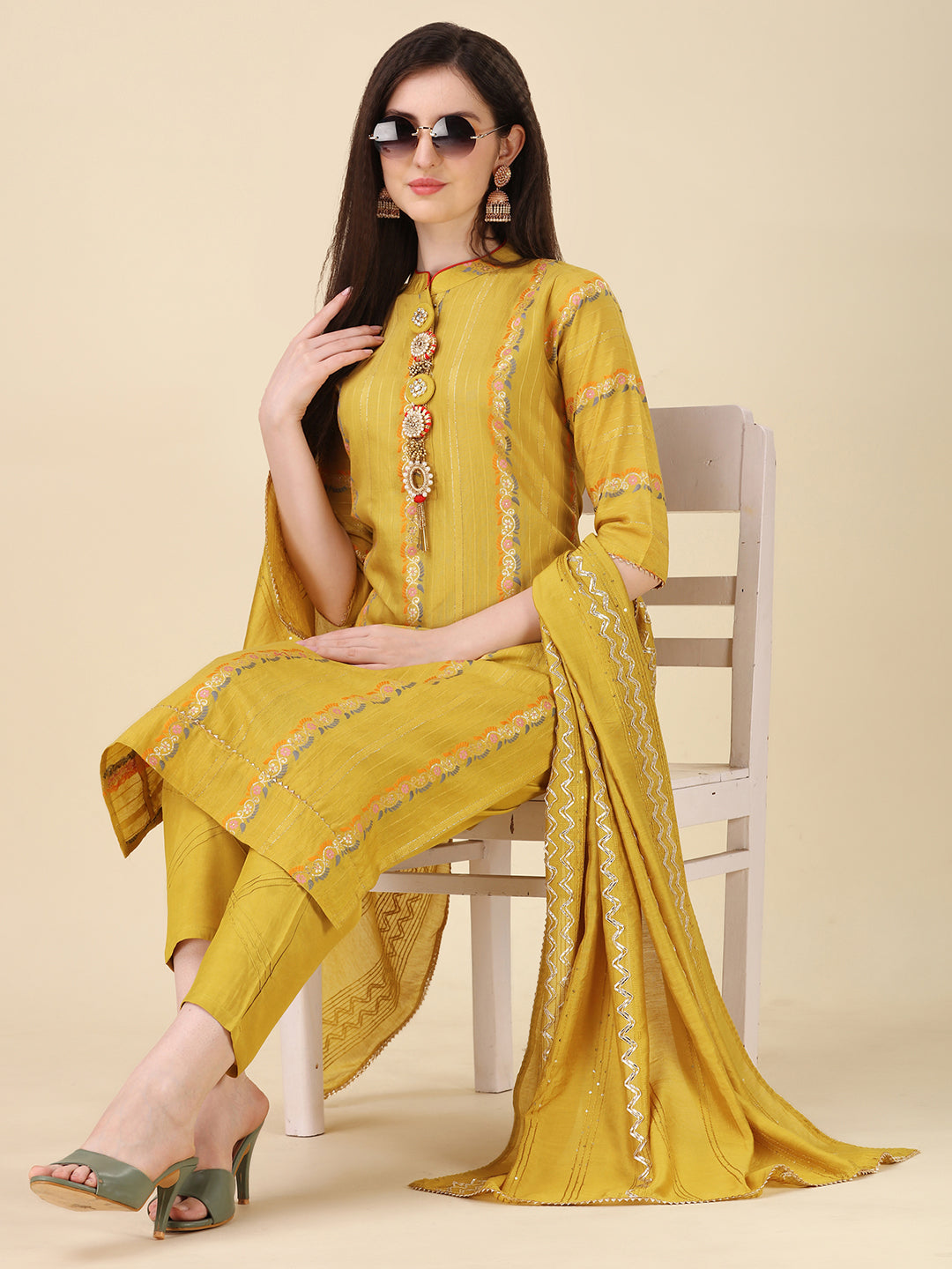 Embellished Buttoned Kurta With Pant And Dupatta Set, Multicolor - Hiral Fashion - Distacart