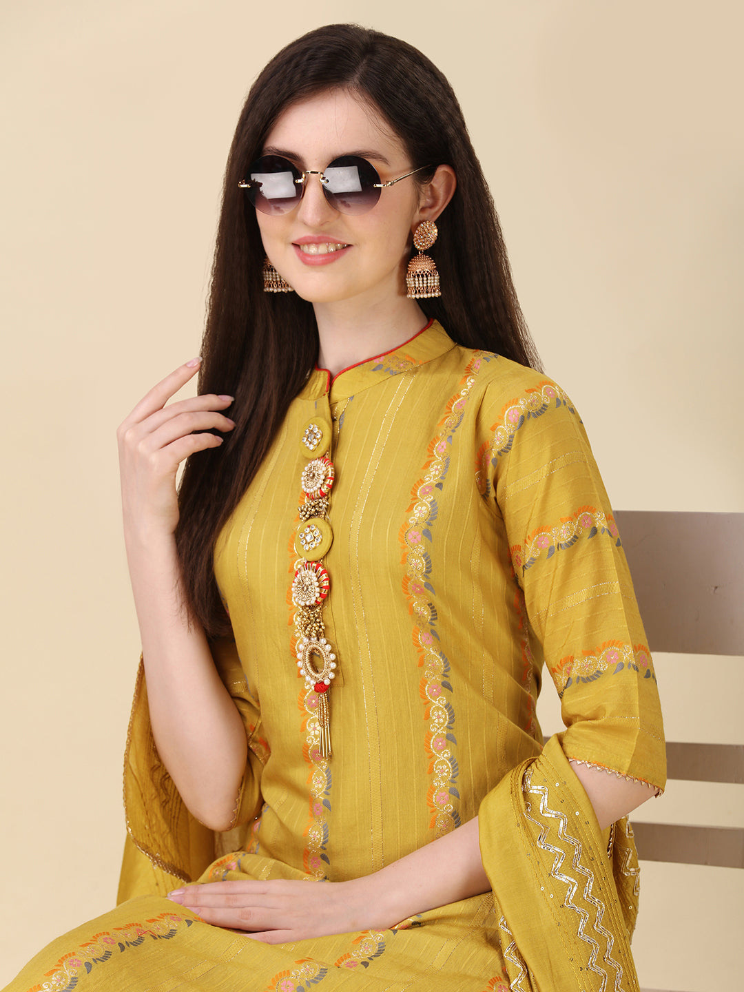 Embellished Buttoned Kurta With Pant And Dupatta Set, Multicolor - Hiral Fashion - Distacart